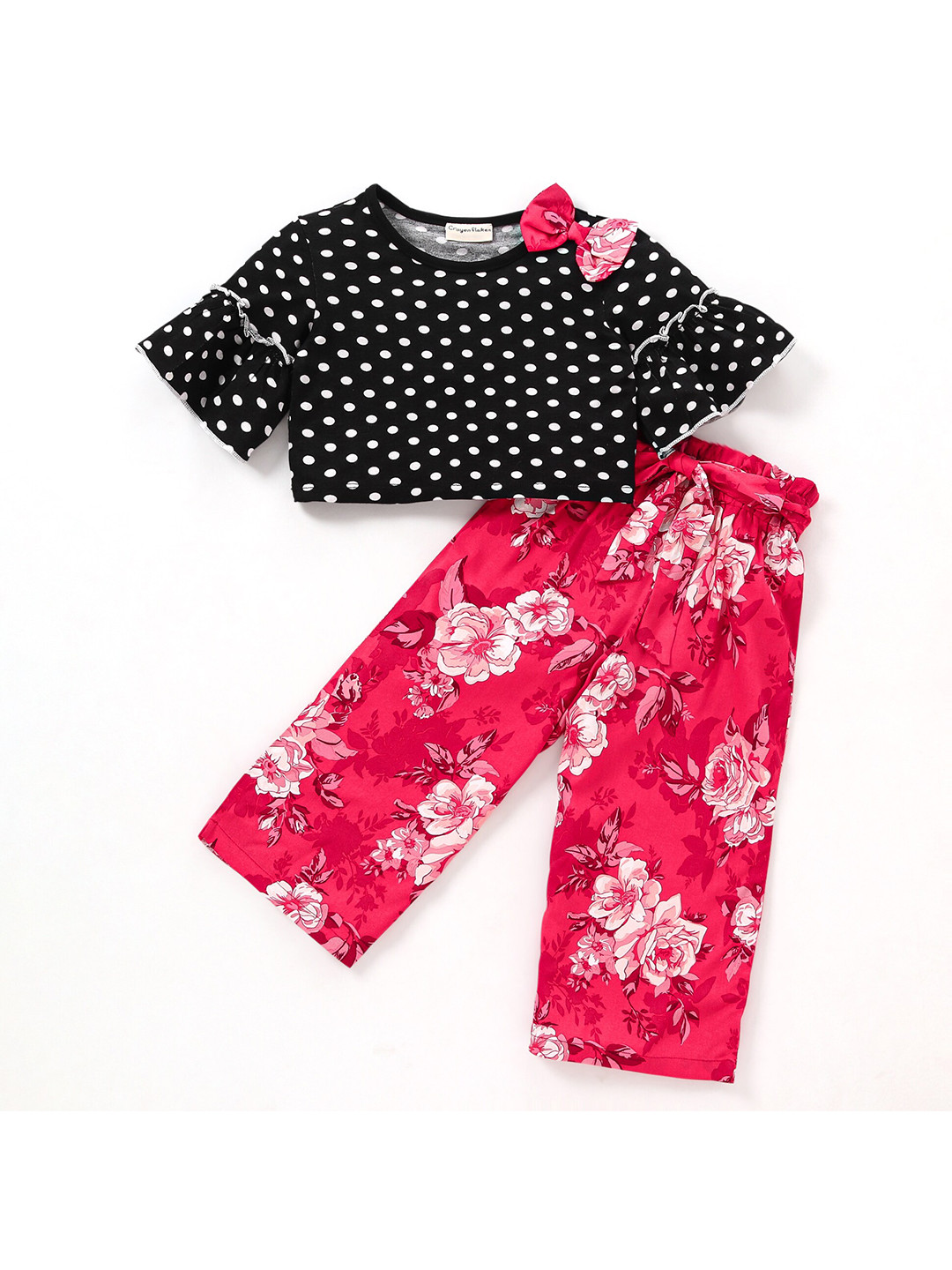 

CrayonFlakes Girls Polka Dot Printed Bow Top with Floral Palazzos Clothing Set, Black