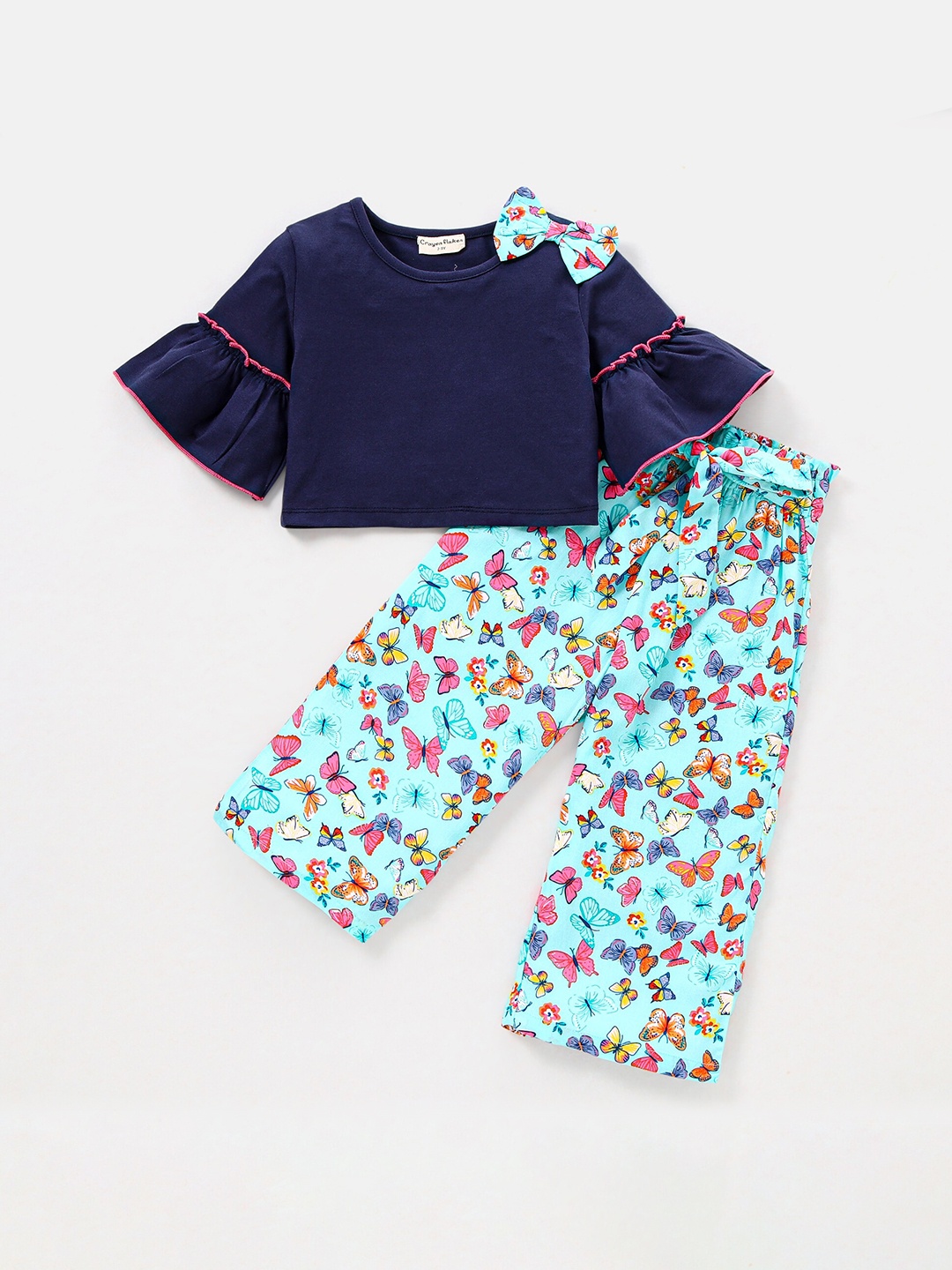 

CrayonFlakes Girls Bell Sleeves Bow Top with Printed Palazzos Clothing Set, Red
