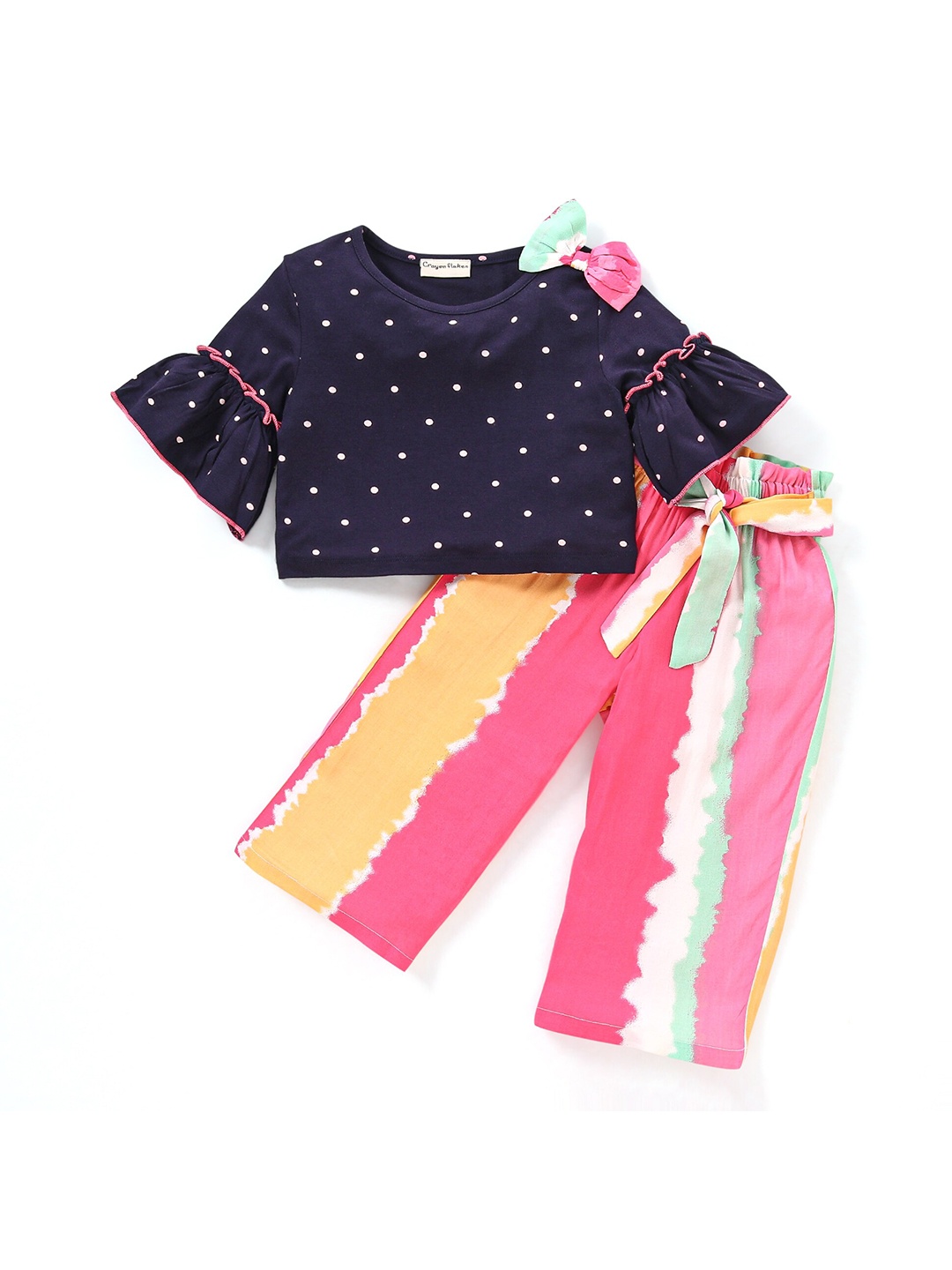 

CrayonFlakes Girls Polka Dot Printed Bow Top with Palazzos Clothing Set, Navy blue