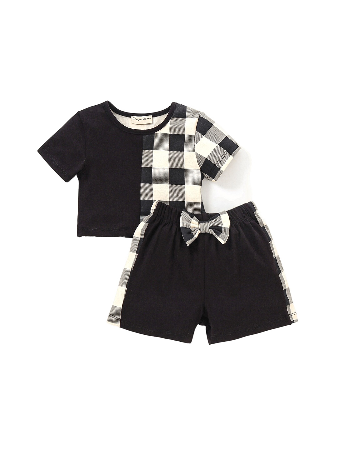

CrayonFlakes Girls Half Checked Cotton T-shirt with Bow Shorts Clothing Set, Black