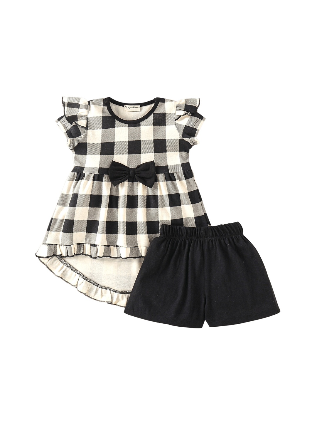 

CrayonFlakes Girls Checked Bow Cotton Tunic with Shorts Clothing Set, Black
