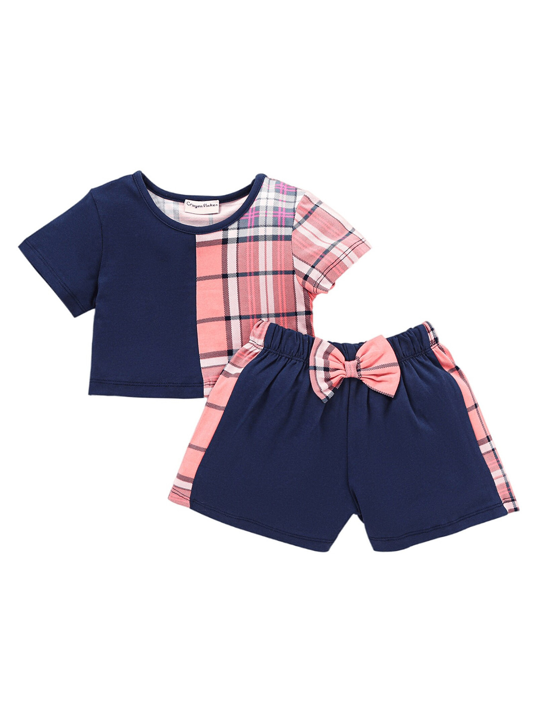 

CrayonFlakes Girls Pure Cotton Checked Top with Shorts, Navy blue