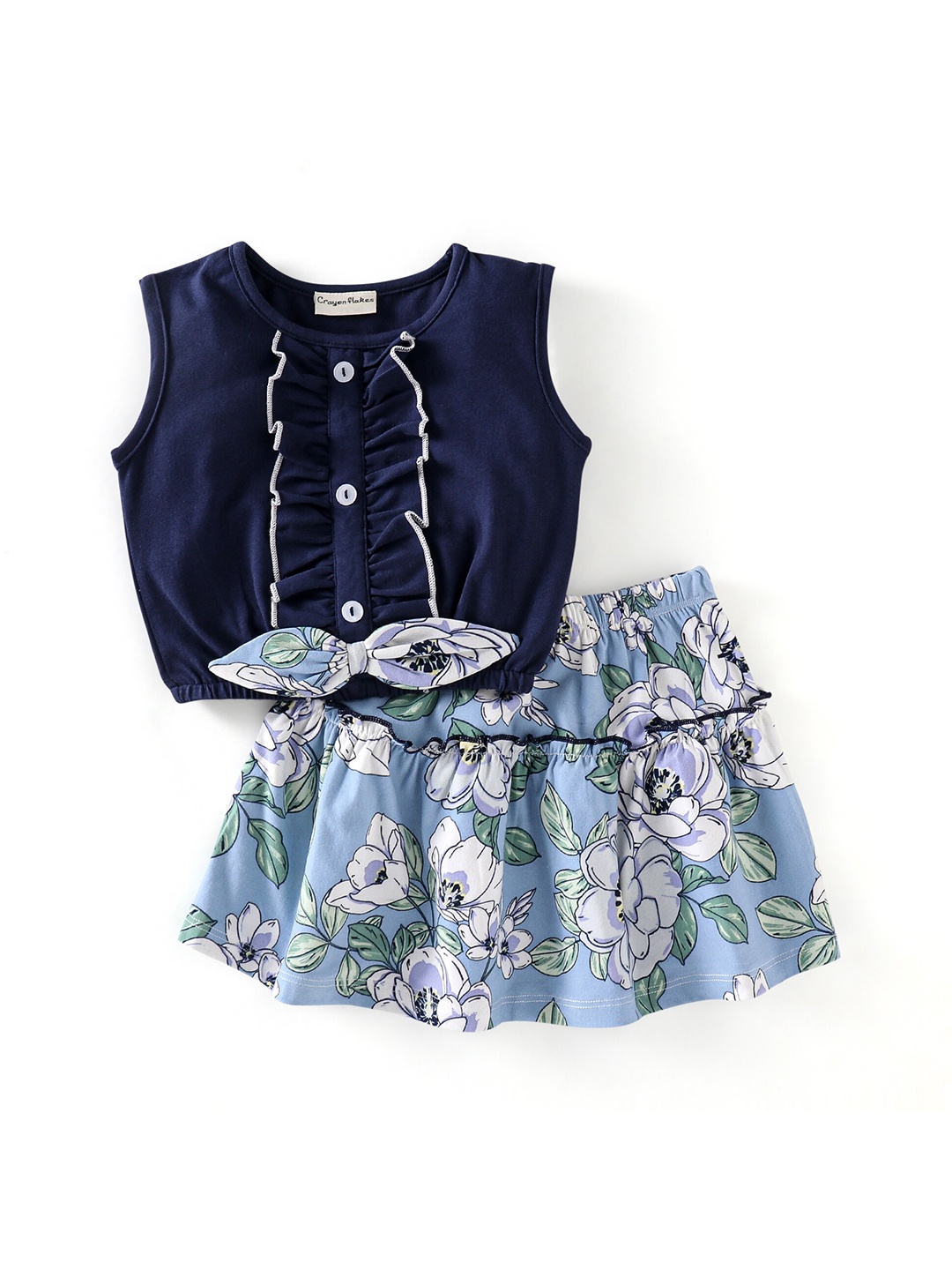 

CrayonFlakes Girls Bow Top with Floral Skirt Clothing Set, Blue
