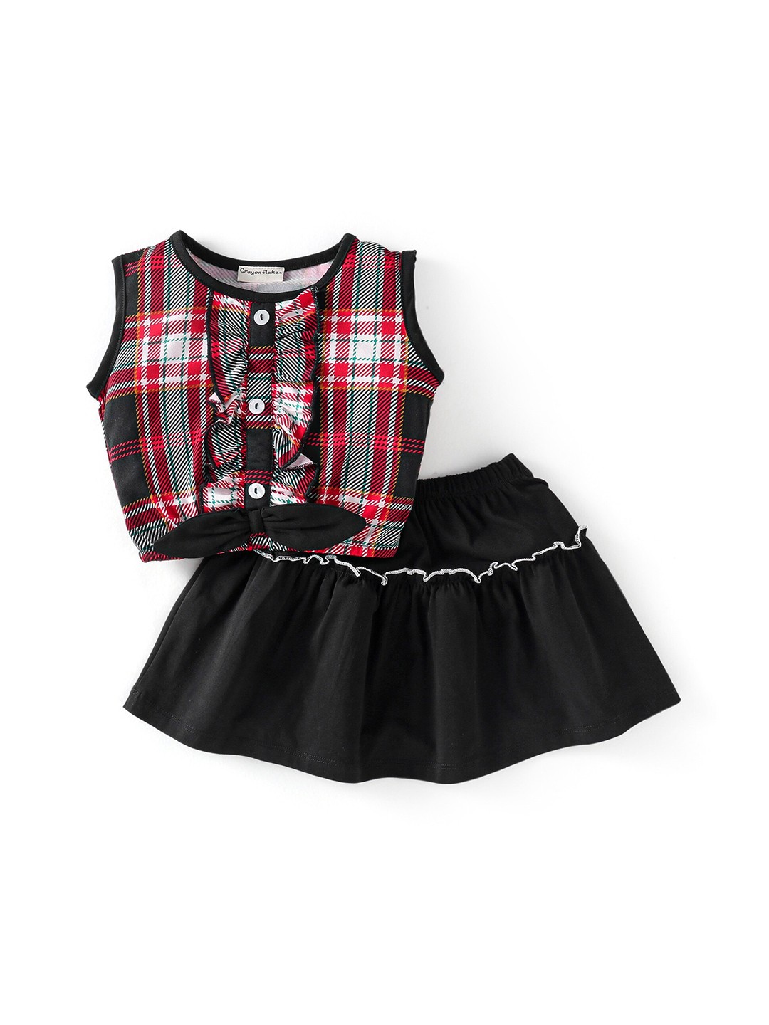 

CrayonFlakes Girls Checked Bow Top with Skirt Clothing Set, Black