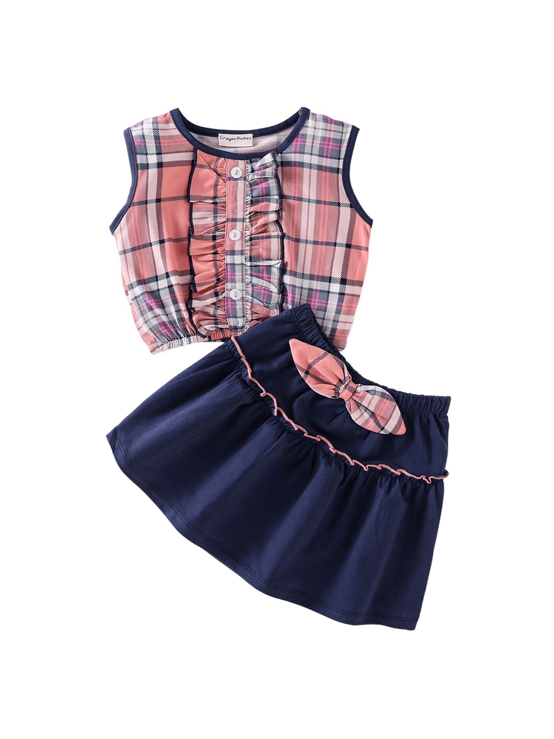 

CrayonFlakes Girls Checked Top with Skirt, Peach