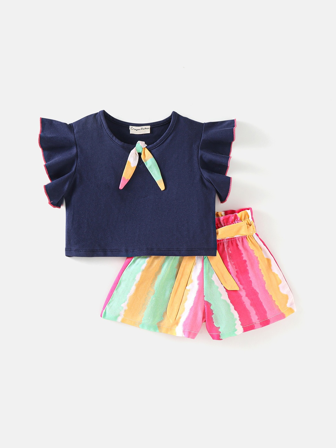 

CrayonFlakes Girls Pure Cotton Top with Shorts, Navy blue