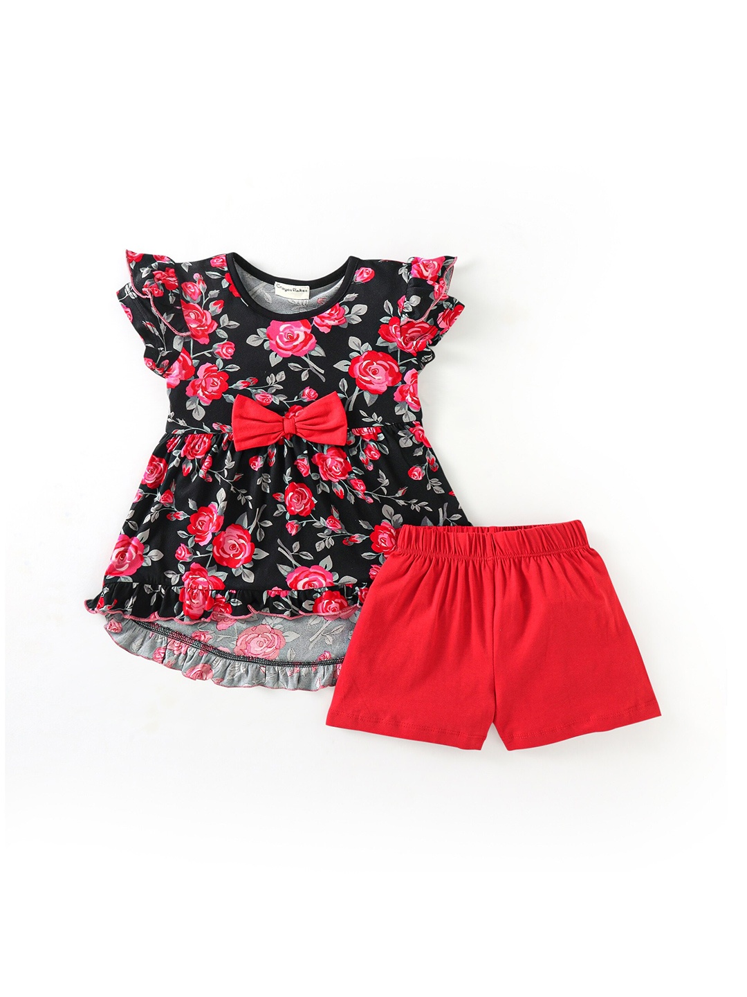 

CrayonFlakes Girls Floral Printed Bow Tunic with Shorts Clothing Set, Red