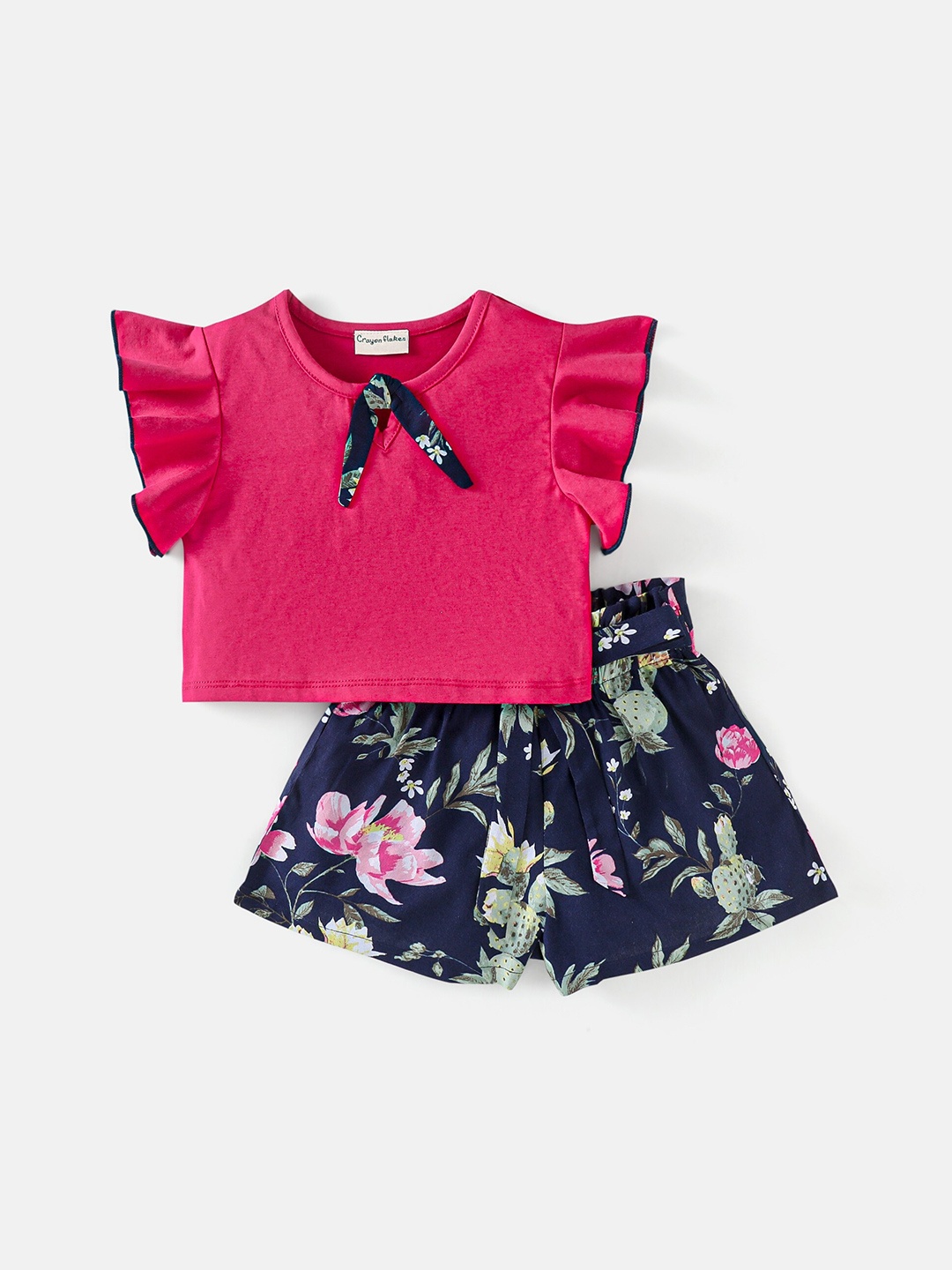 

CrayonFlakes Girls Flutter Sleeves Top with Floral Shorts Clothing Set, Pink