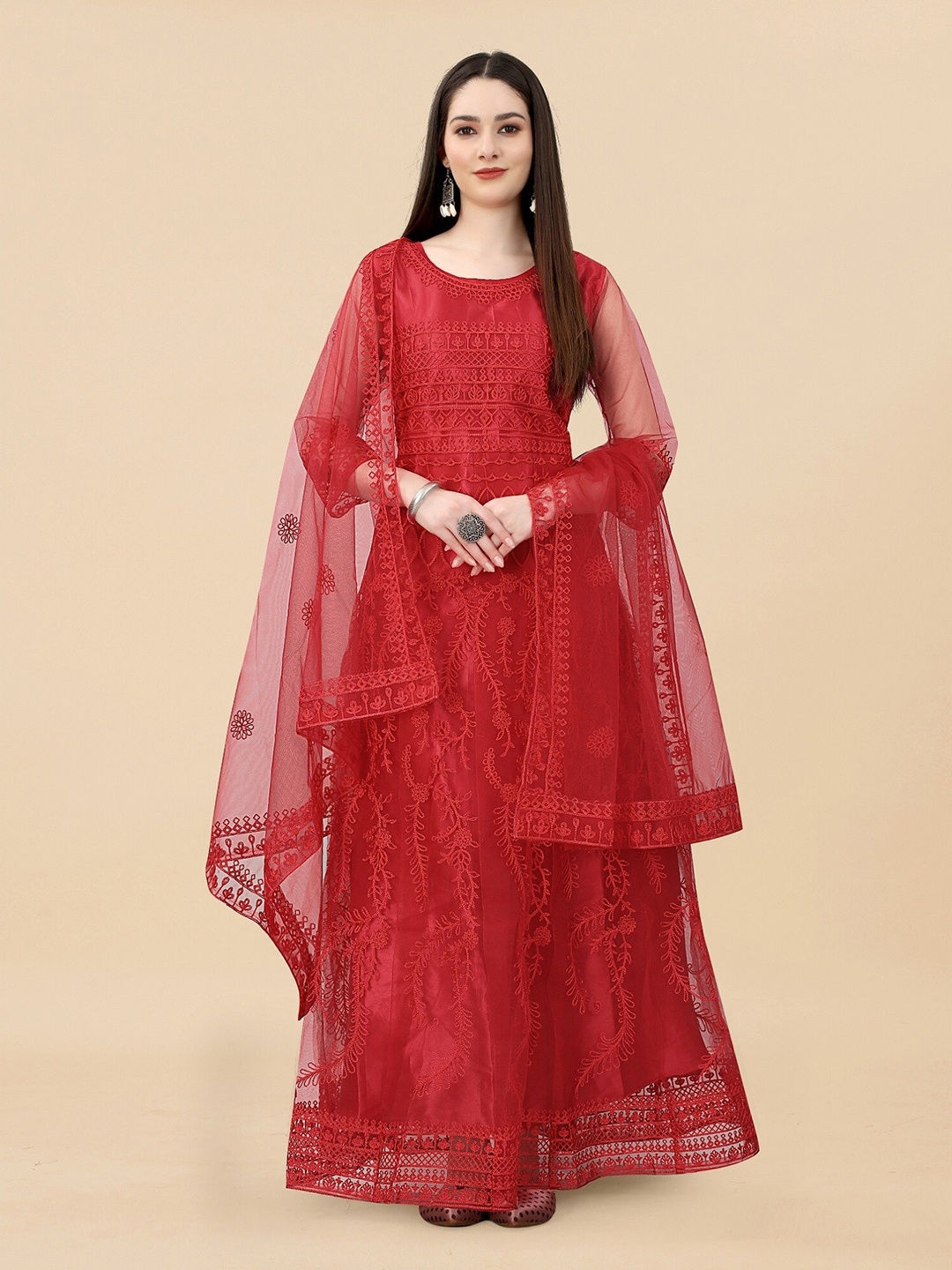 

APNISHA Maroon Net Ethnic Maxi Dress