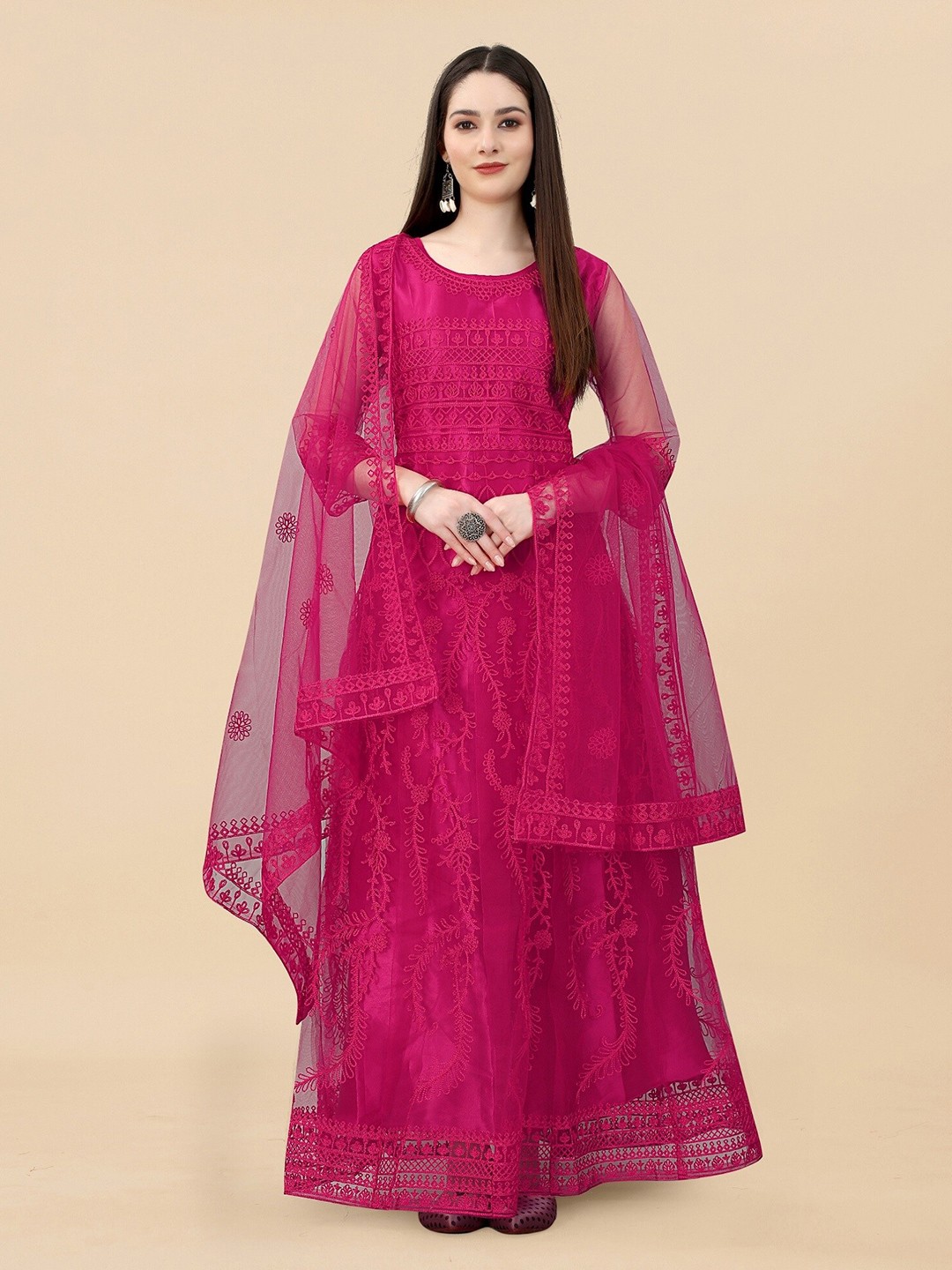 

APNISHA Ethnic Embroidered Net Maxi Ethnic Gown with Dupatta, Magenta