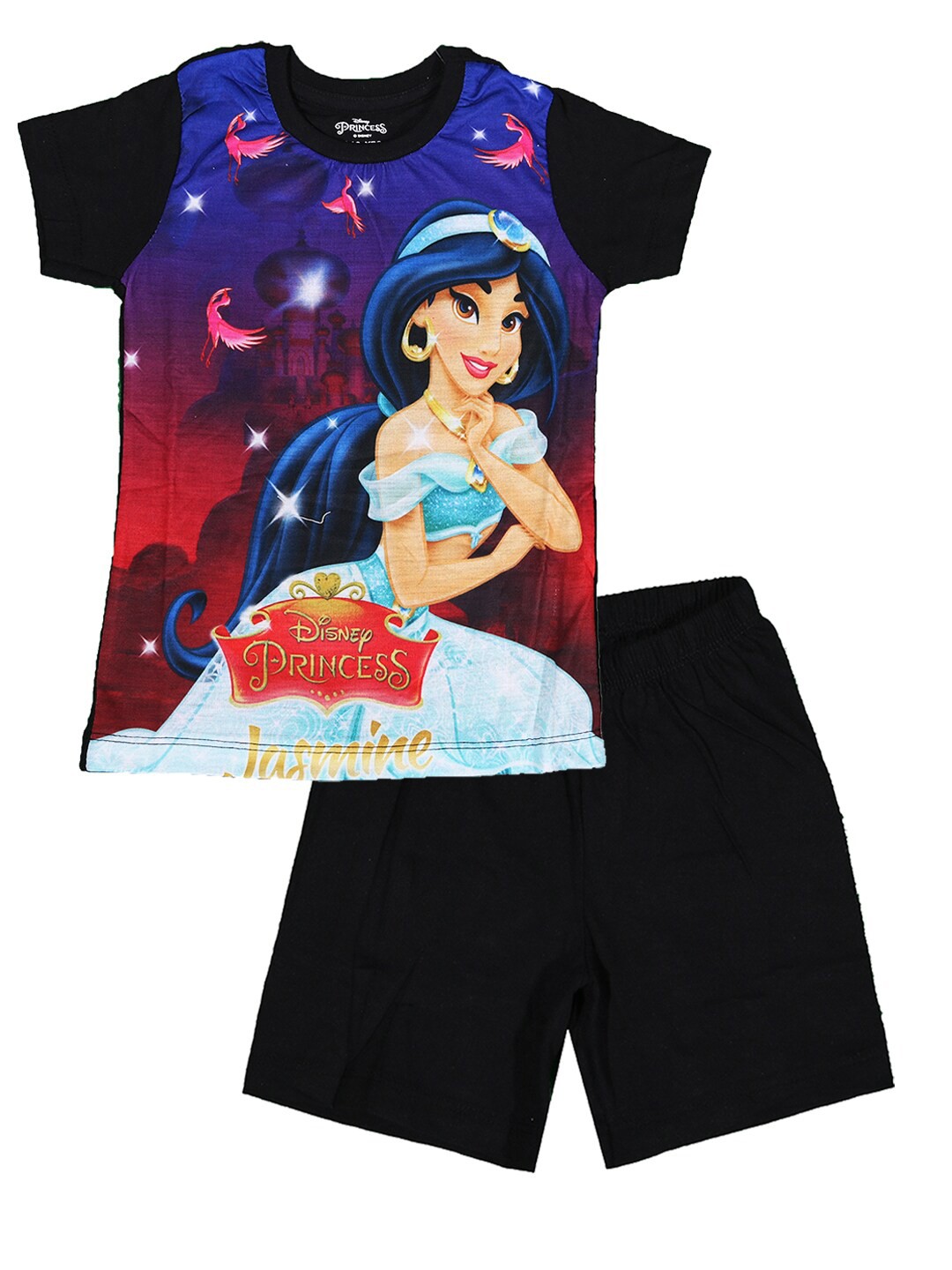

KINSEY Girls Princess Jasmine Printed T-shirt with Shorts Clothing Set, Black