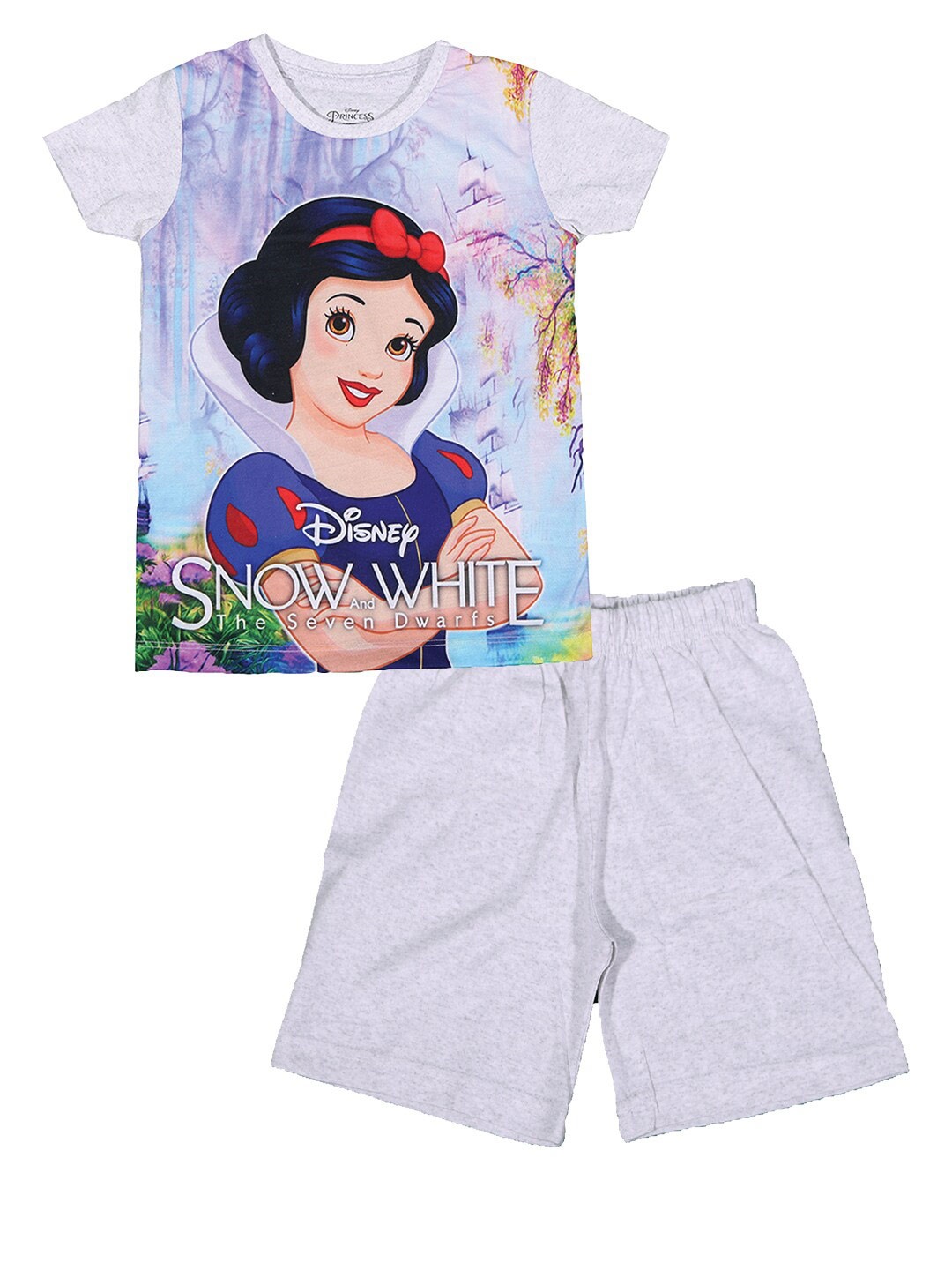 

KINSEY Girls Grey Snow White Printed T-shirt with Shorts Clothing Set, Grey melange