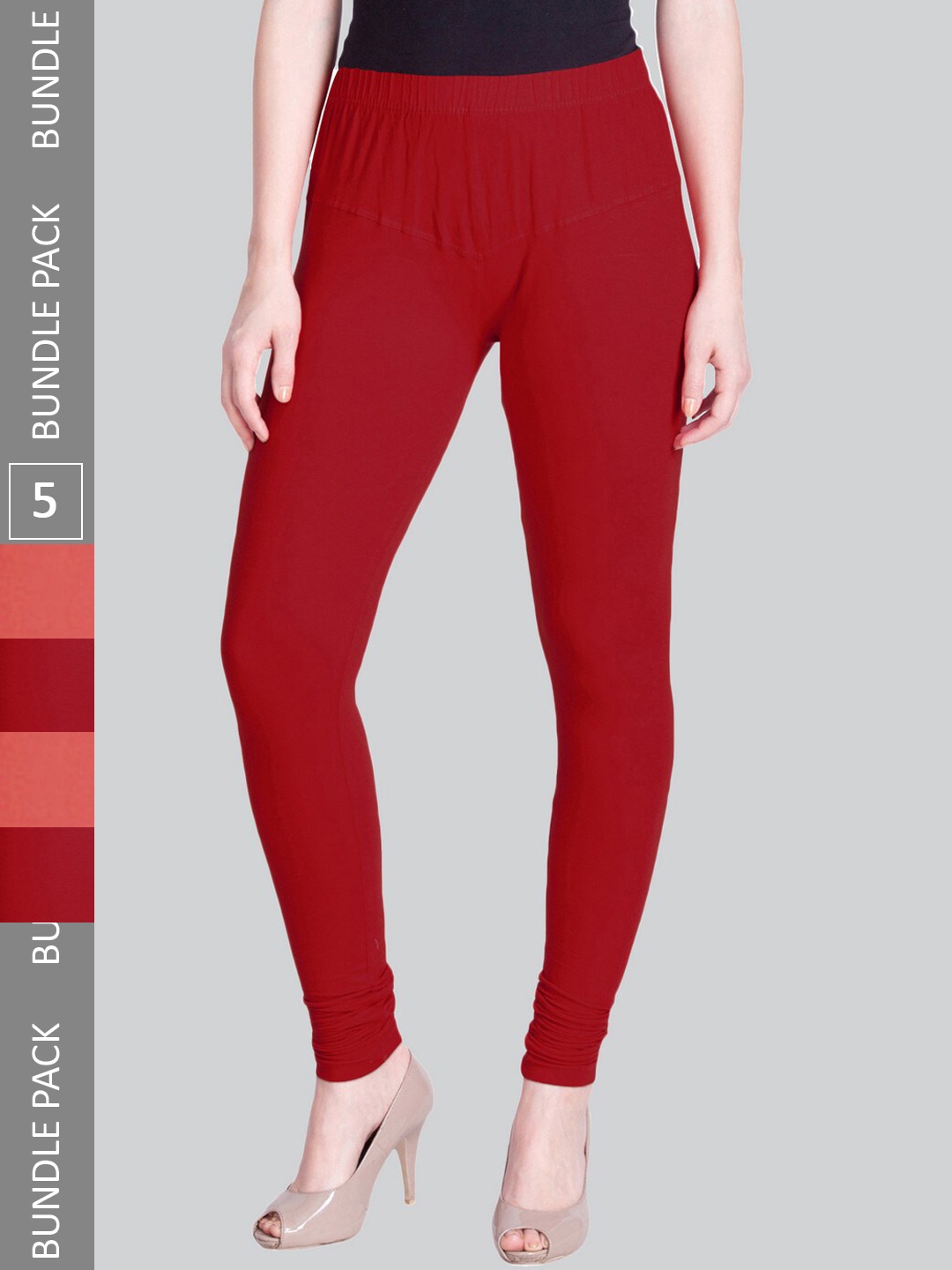 

LYRA Women Pack Of 5 Stretchable Churidar-Length Cotton Lycra Leggings, Red