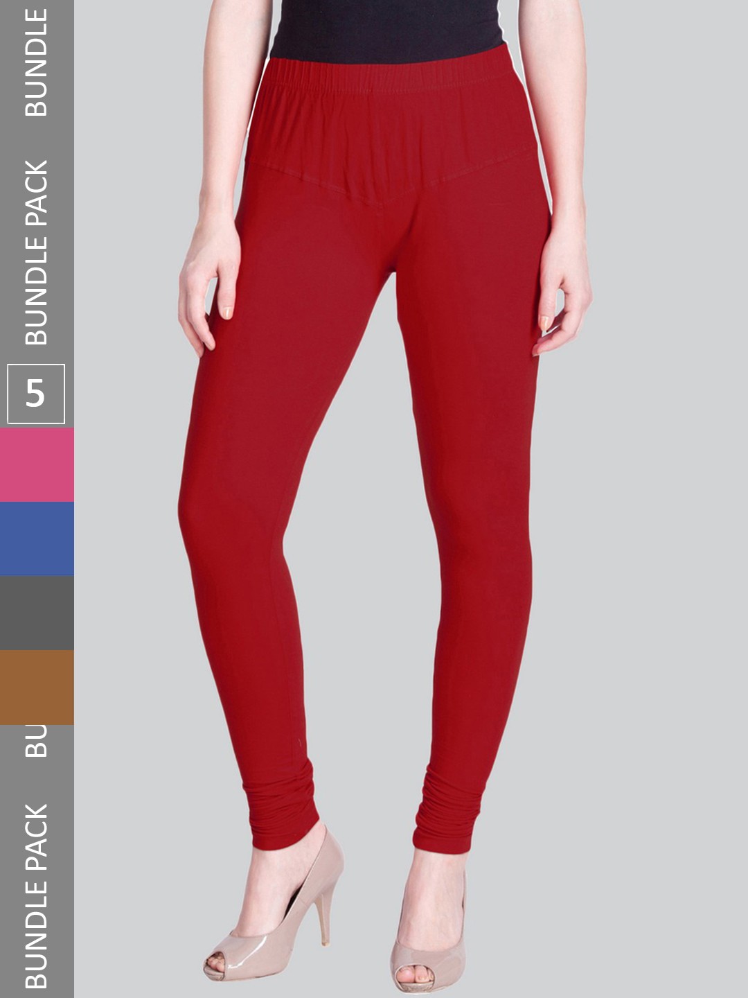 

LYRA Women Pack Of 5 Stretchable Churidar-Length Cotton Lycra Leggings, Red