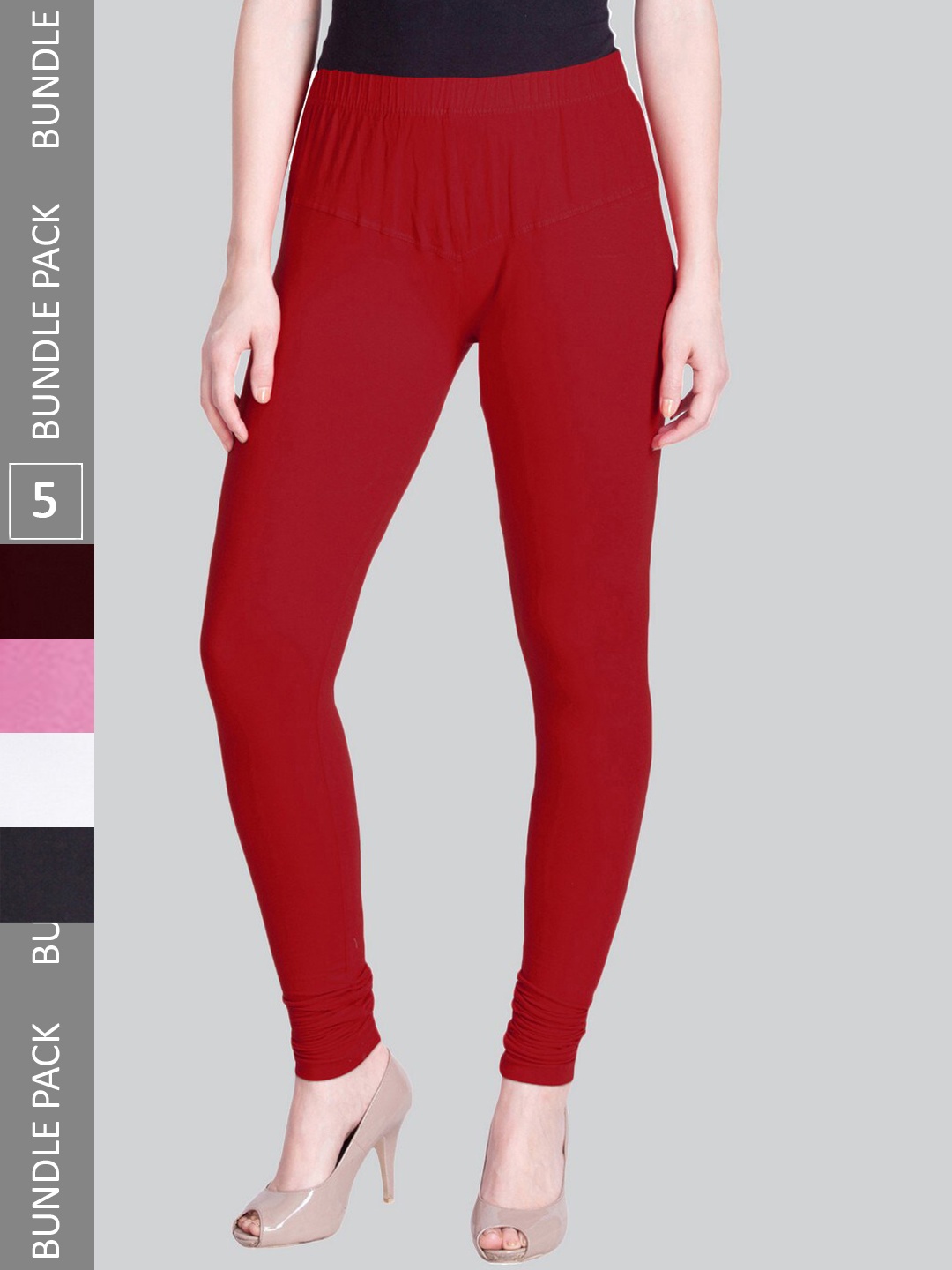 

LYRA Women Pack Of 5 Stretchable Churidar-Length Cotton Lycra Leggings, Red