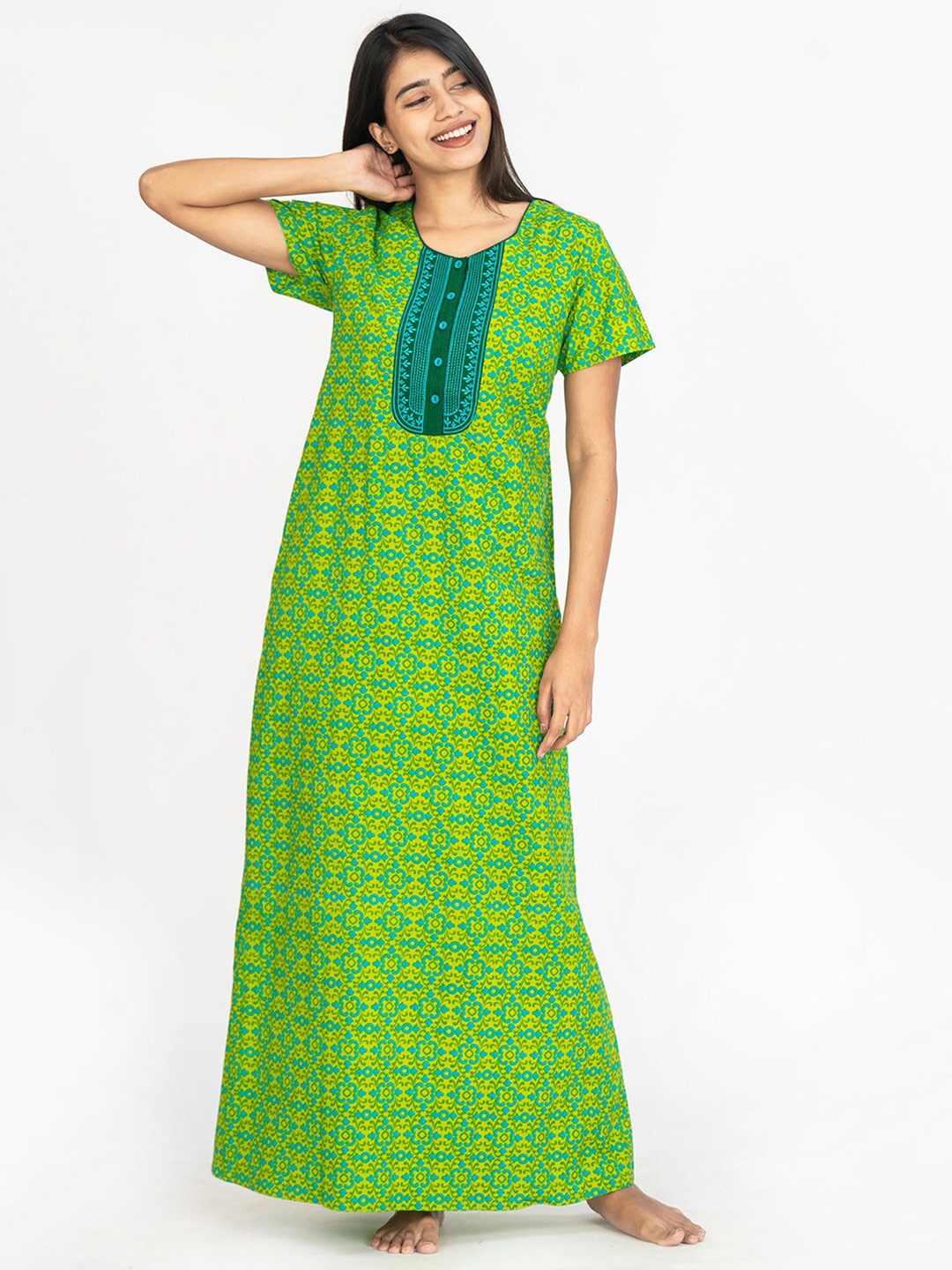 

Maybell Floral Printed Pure Cotton Maxi Nightdress, Green