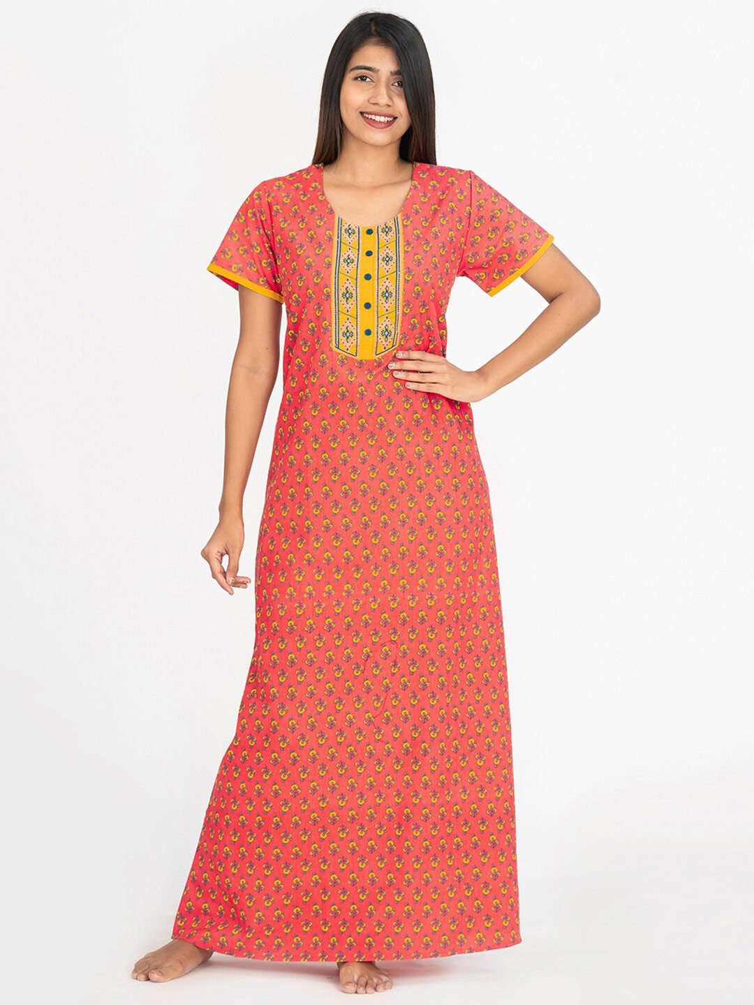 

Maybell Floral Printed Pure Cotton Maxi Nightdress, Peach