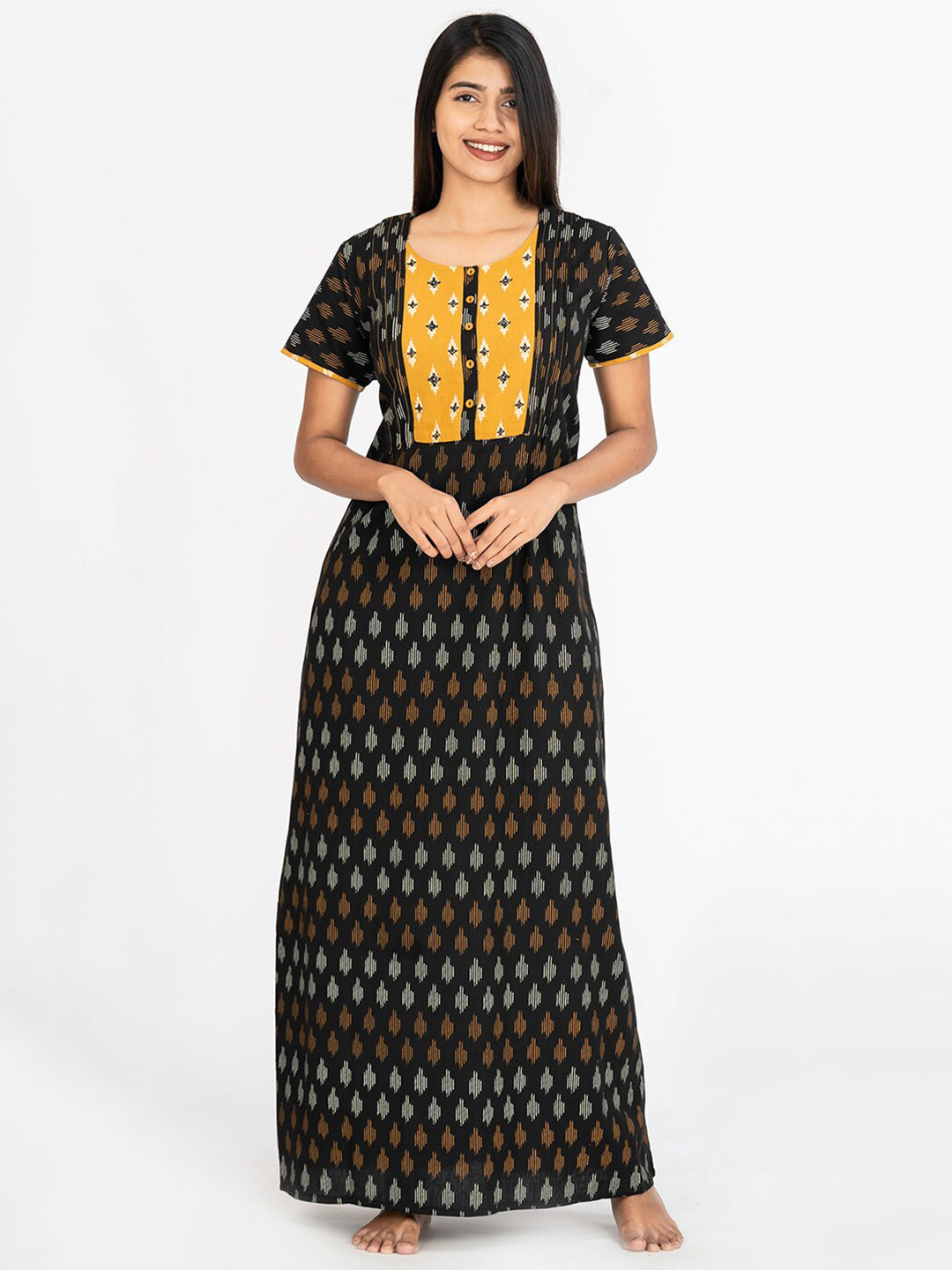 

Maybell Ethnic Motifs Printed Pure Cotton Maxi Nightdress, Black