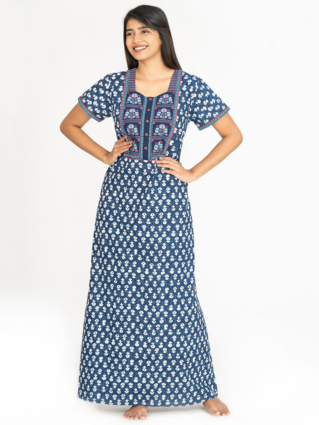 

Maybell Ethnic Motifs Printed Pure Cotton Maxi Nightdress, Blue