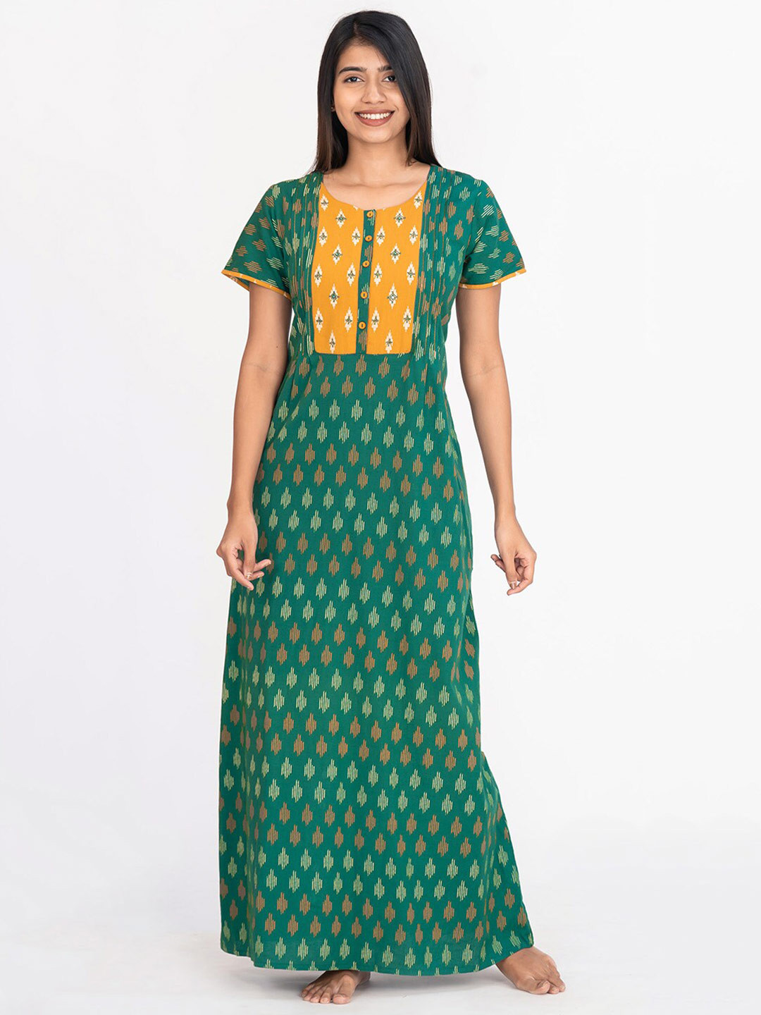 

Maybell Ethnic Motifs Printed Pure Cotton Maxi Nightdress, Green