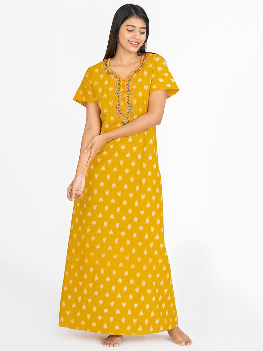 

Maybell Ethnic Motifs Printed Pure Cotton Maxi Nightdress, Mustard
