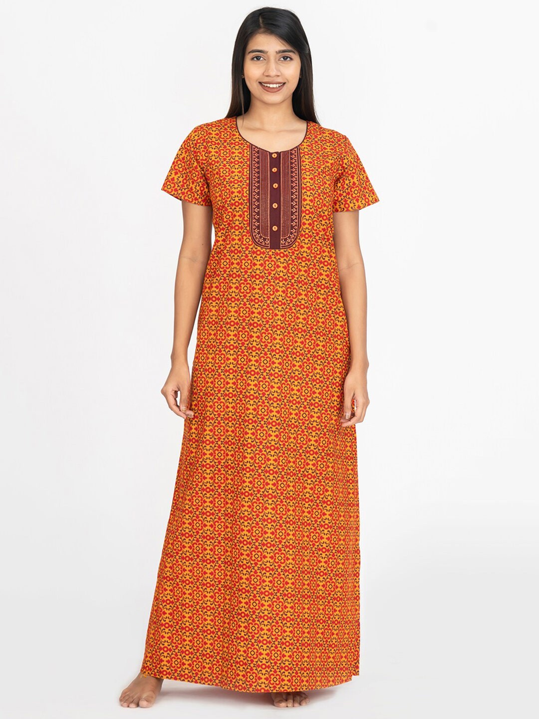

Maybell Ethnic Motifs Printed Pure Cotton Maxi Nightdress, Yellow