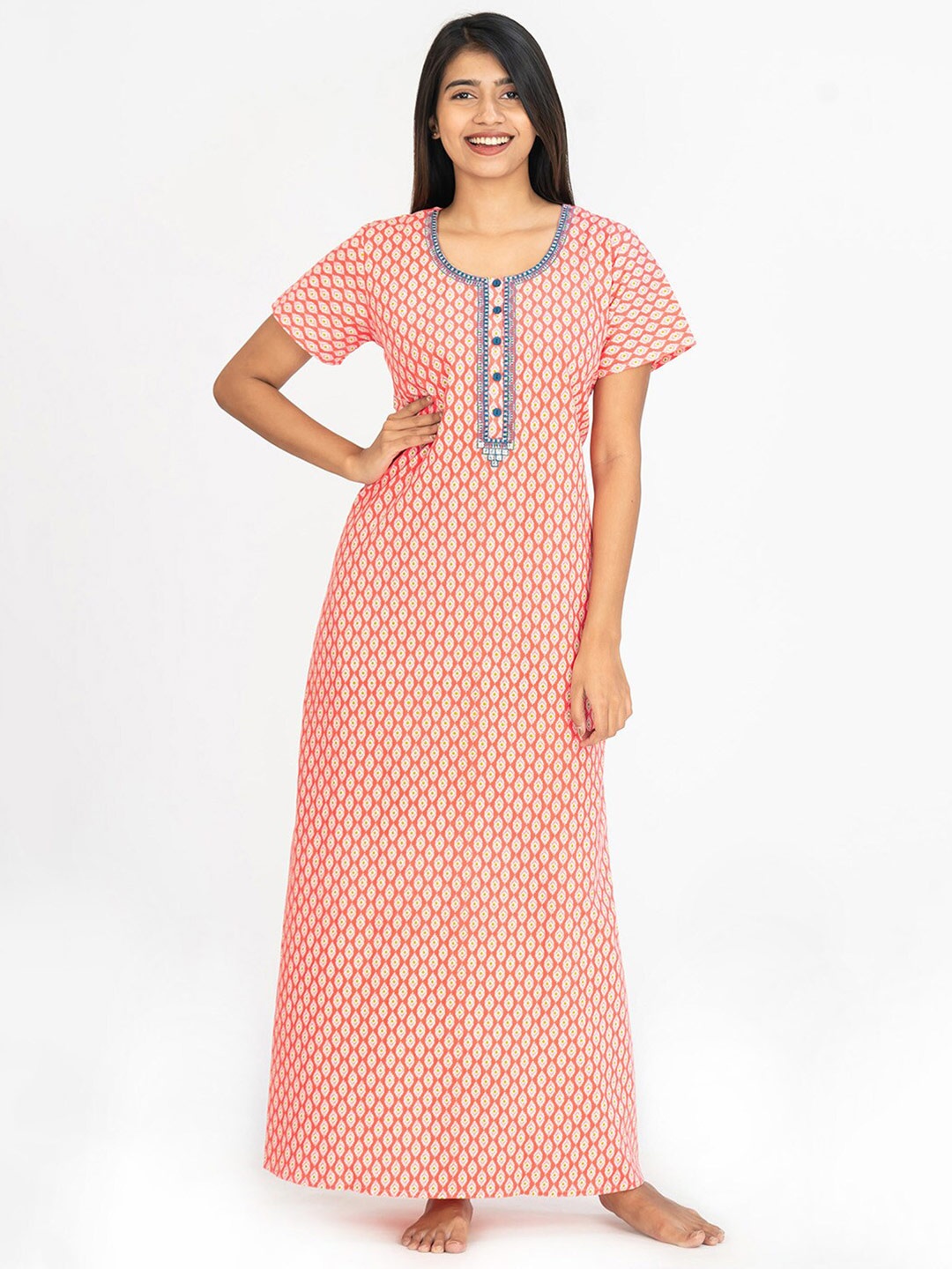 

Maybell Ethnic Motifs Printed Pure Cotton Maxi Nightdress, Pink