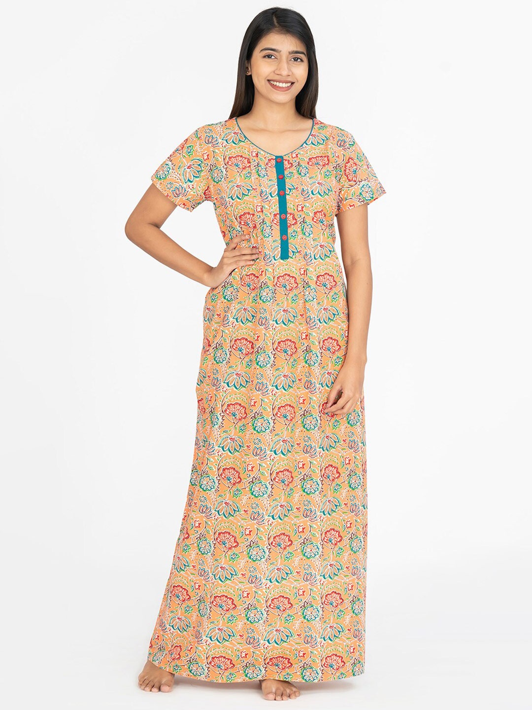 

Maybell Floral Printed Pure Cotton Maxi Nightdress, Peach
