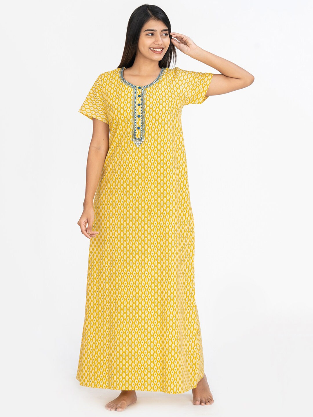 

Maybell Ethnic Motifs Printed Pure Cotton Maxi Nightdress, Yellow