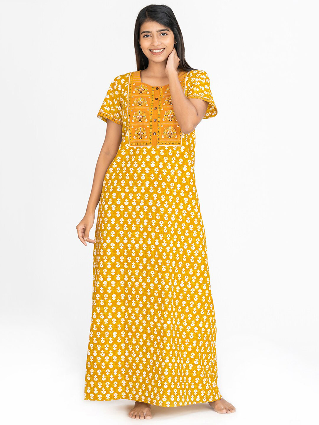 

Maybell Ethnic Motifs Printed Pure Cotton Maxi Nightdress, Yellow