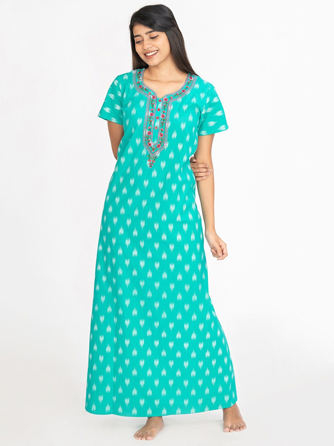 

Maybell Ethnic Motifs Printed Pure Cotton Maxi Nightdress, Blue