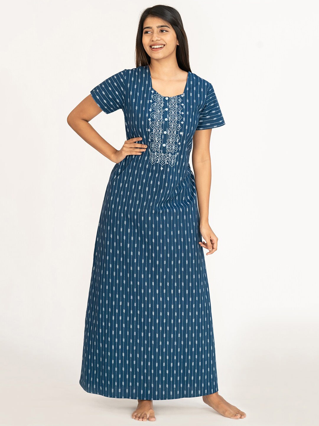 

Maybell Striped Pure Cotton Maxi Nightdress, Blue