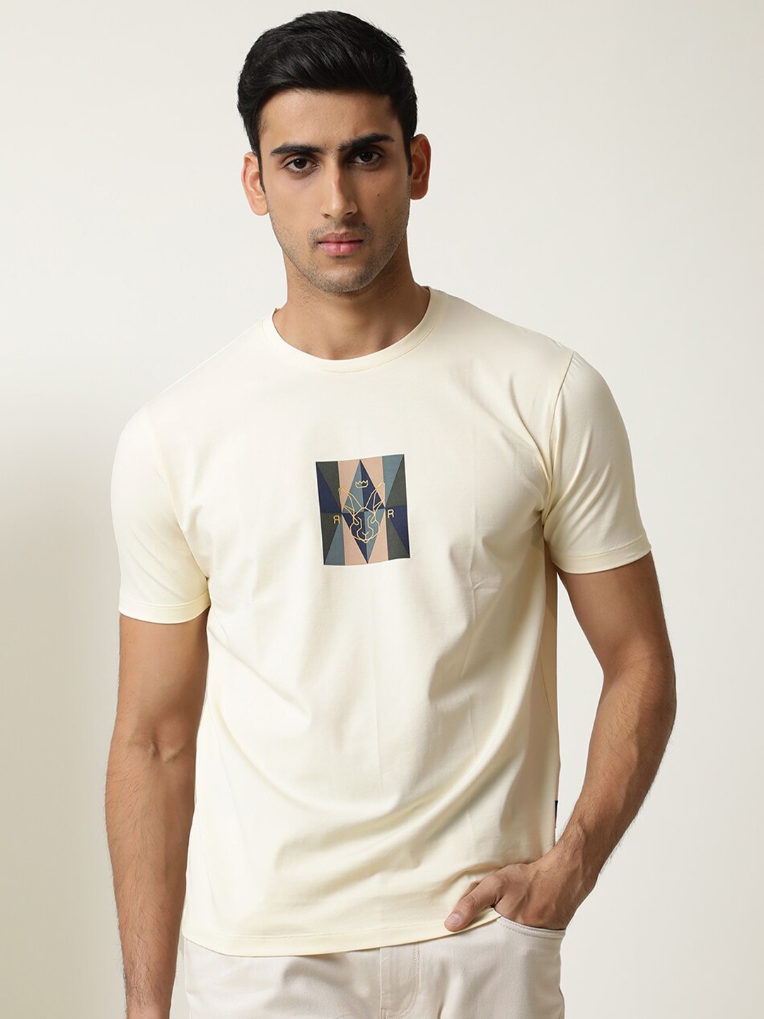 

RARE RABBIT Men Coast Graphic Printed Slim Fit Cotton T-Shirt, Beige