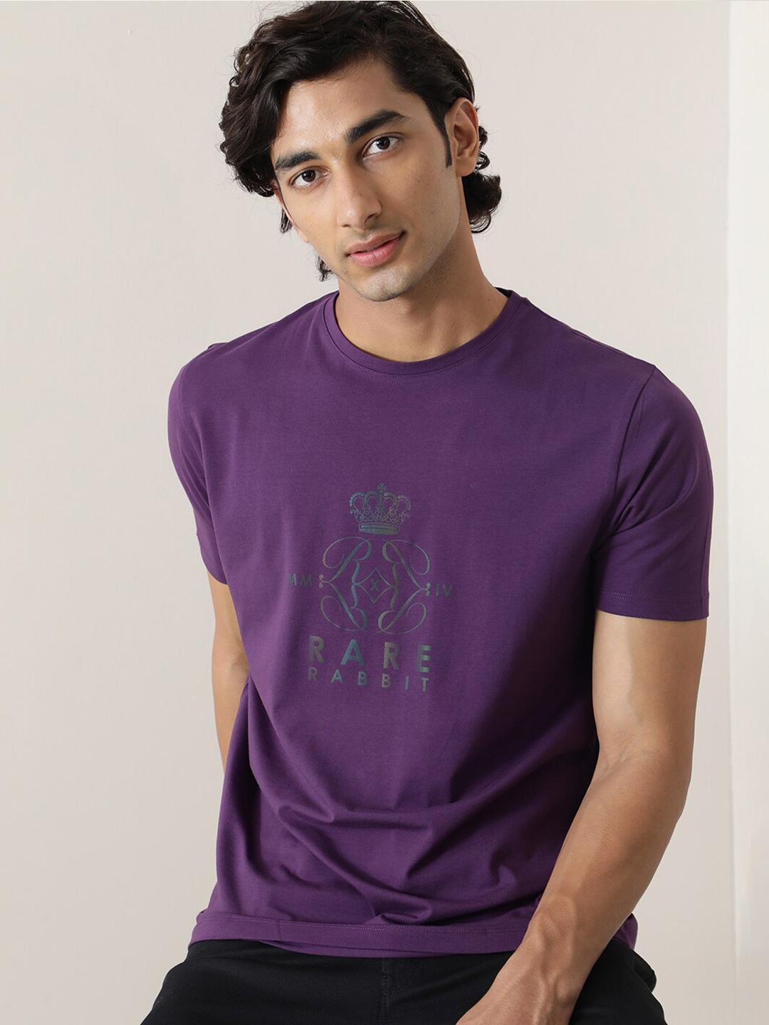 

RARE RABBIT Men Loral Regular Fit Round Neck Cotton T-Shirt, Purple