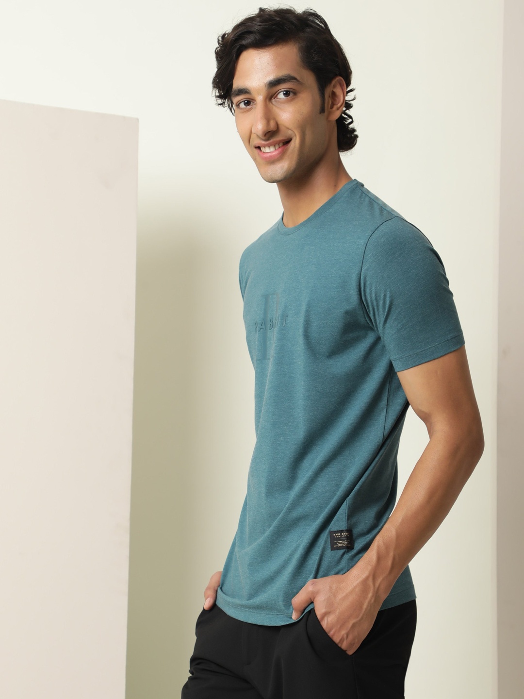 RARE RABBIT Men Mell Typography Printed Slim Fit Cottona T-Shirt, Green