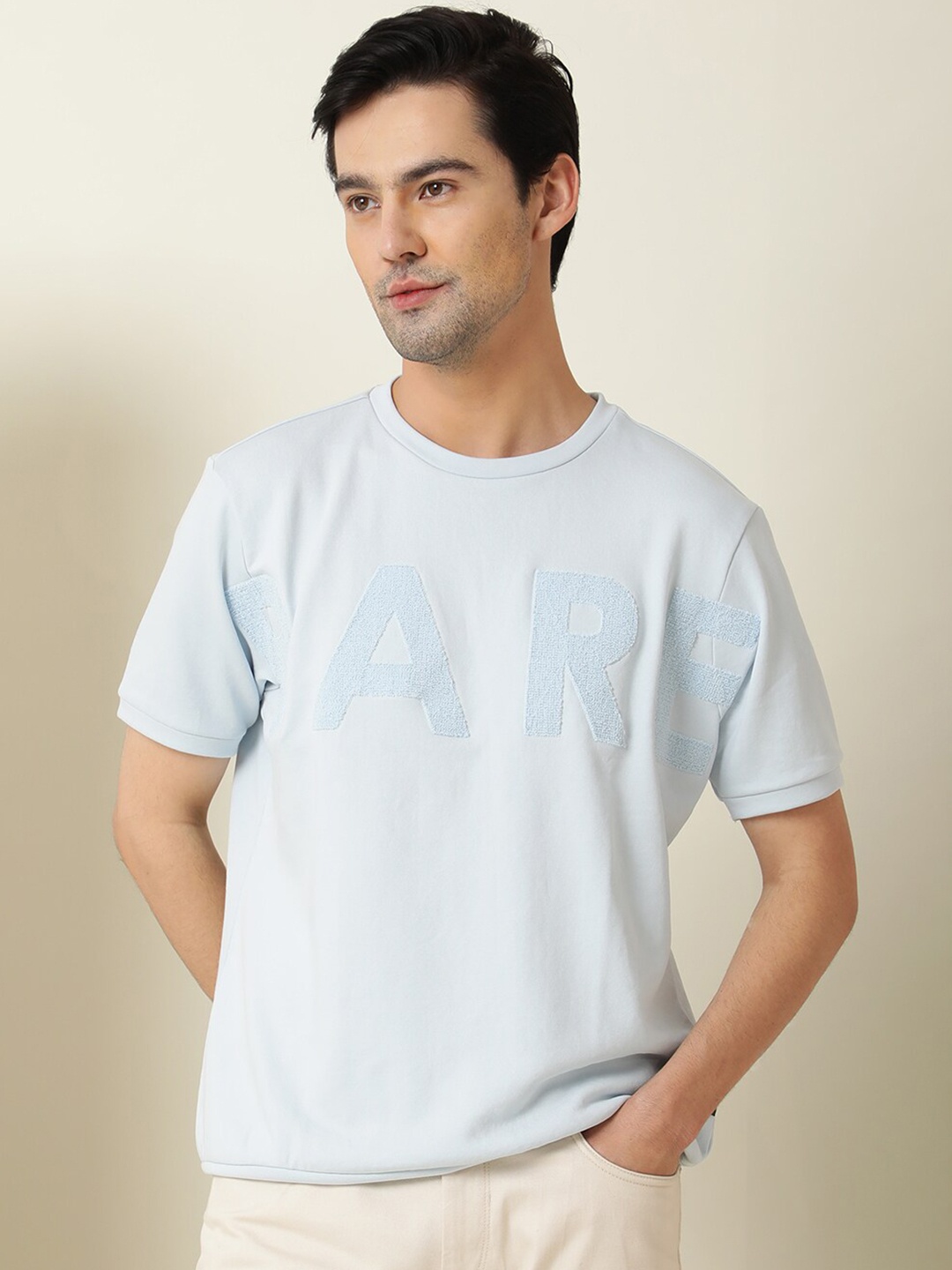 

RARE RABBIT Men Nory Typography Printed Slim Fit Cottona T-Shirt, Blue
