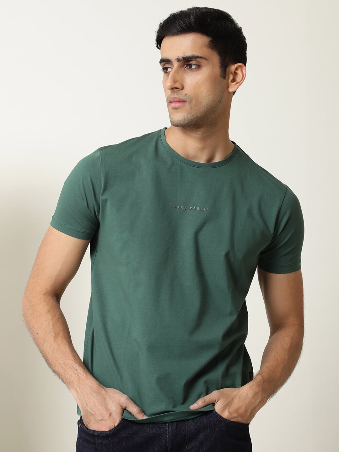 

RARE RABBIT Round Neck Slim Fit Cotton T-shirt, Green