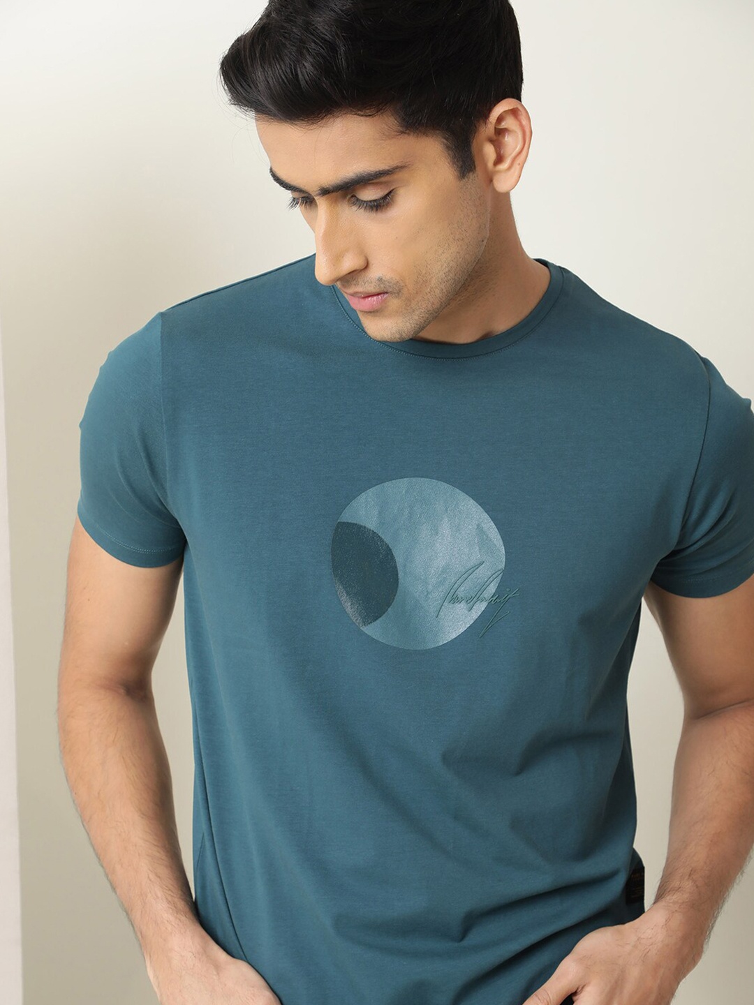 

RARE RABBIT Men Maso Regular Fit Printed Cotton T-Shirt, Teal