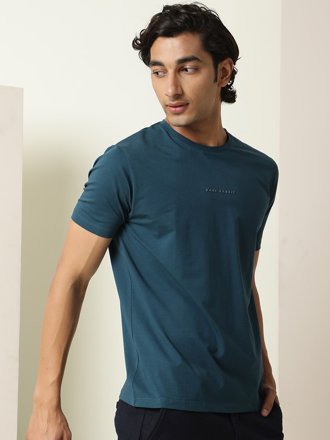 

RARE RABBIT Men Rabbi Regular Fit Round Neck Cotton T-Shirt, Teal