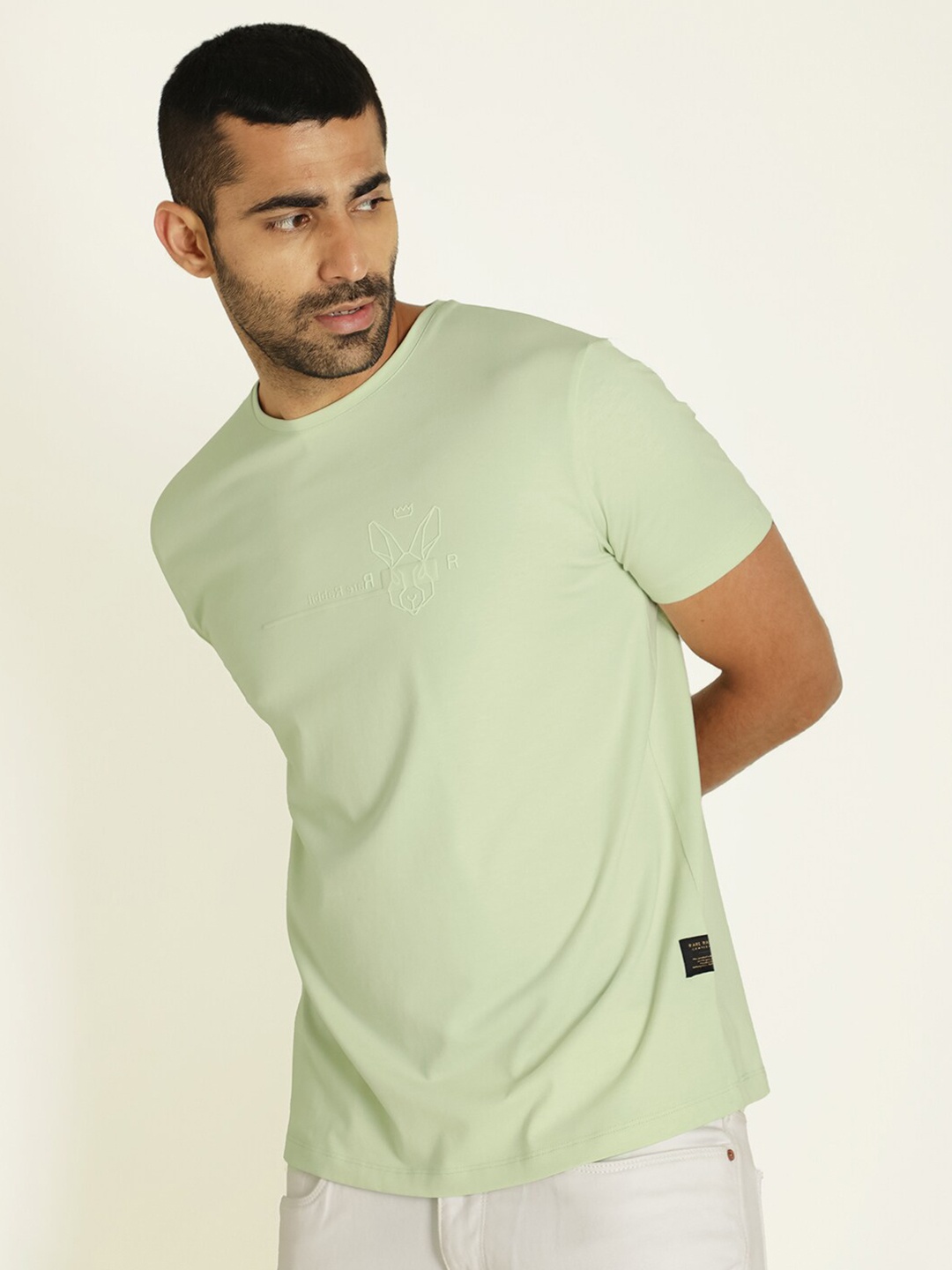 

RARE RABBIT Men Milton Regular Fit Round Neck Cotton T-Shirt, Green