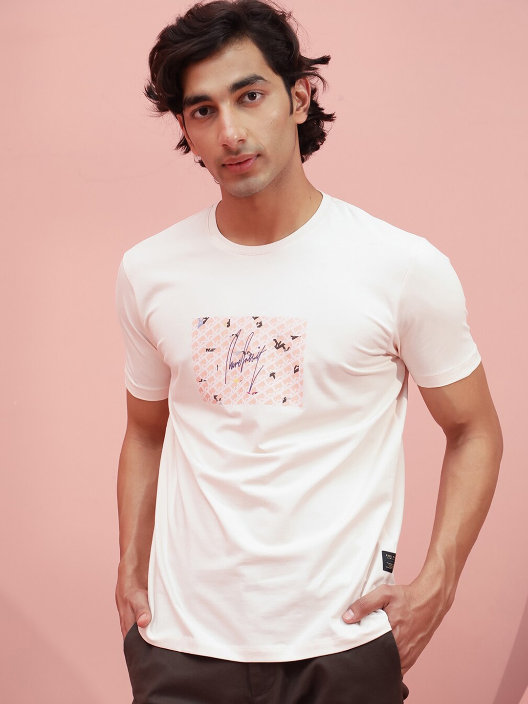 

RARE RABBIT Men Antile Printed Slim Fit T-Shirt, Peach