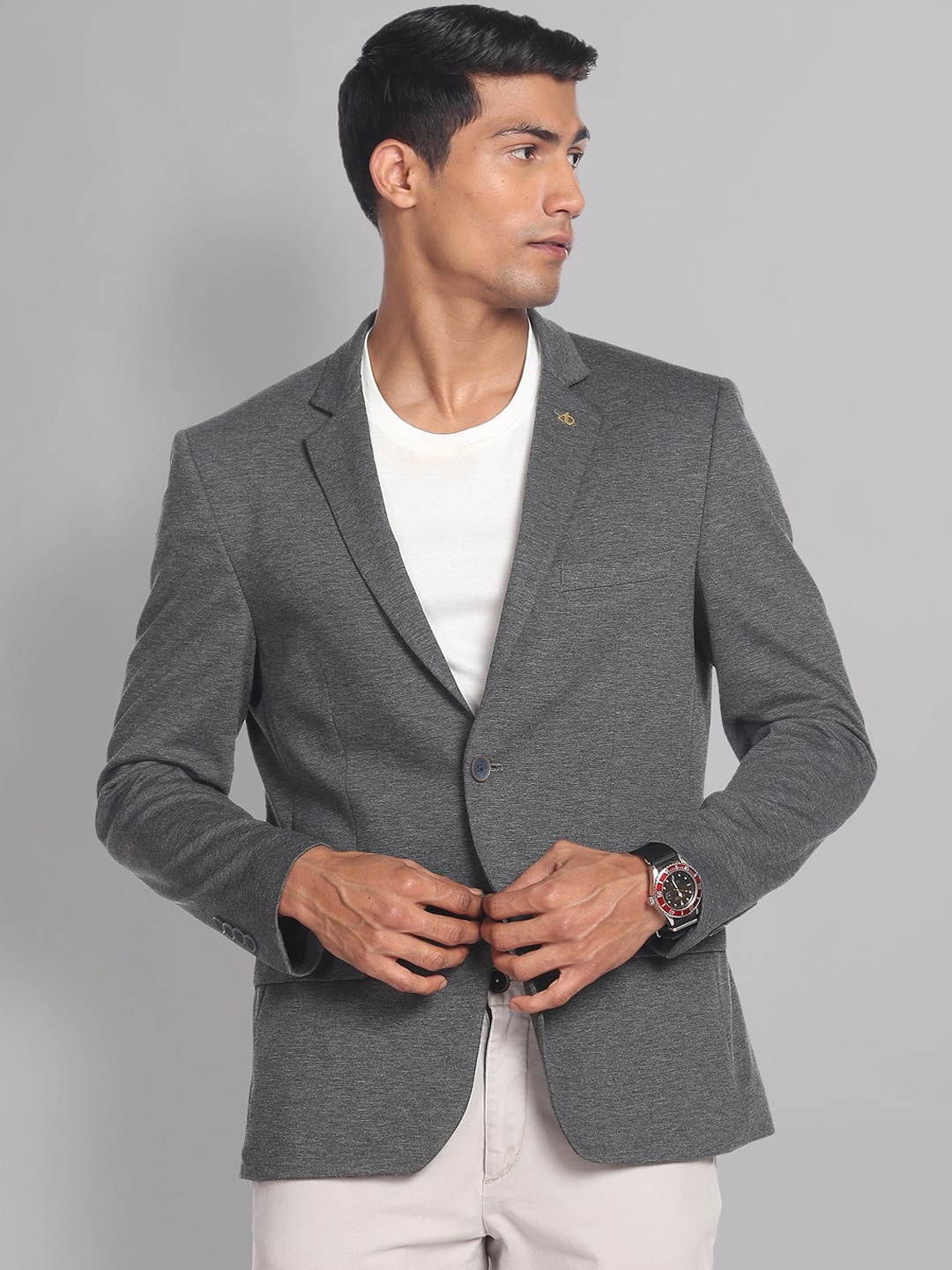 

AD By Arvind Textured Single-Breasted Slim-Fit Formal Blazer, Grey