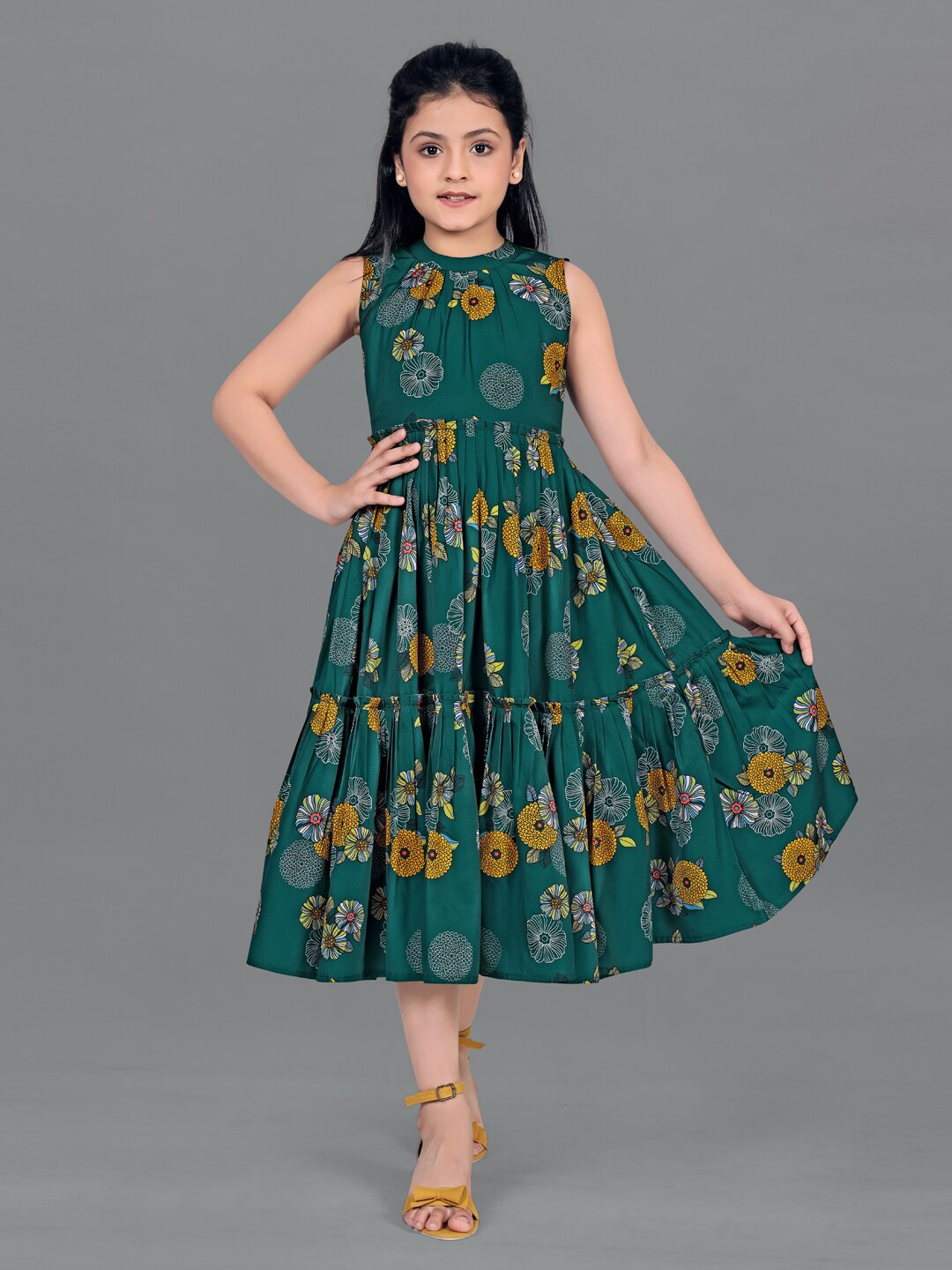 

FASHION DREAM Girls Floral Printed Mock Neck Gathered Tiered Midi Fit & Flare Dress, Green