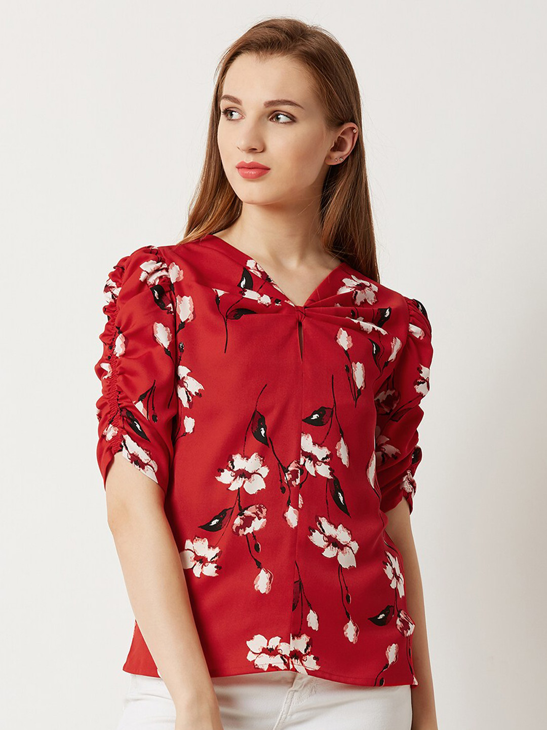 

Miss Chase Floral Print Puff Sleeves V- Neck Crepe Top, Red