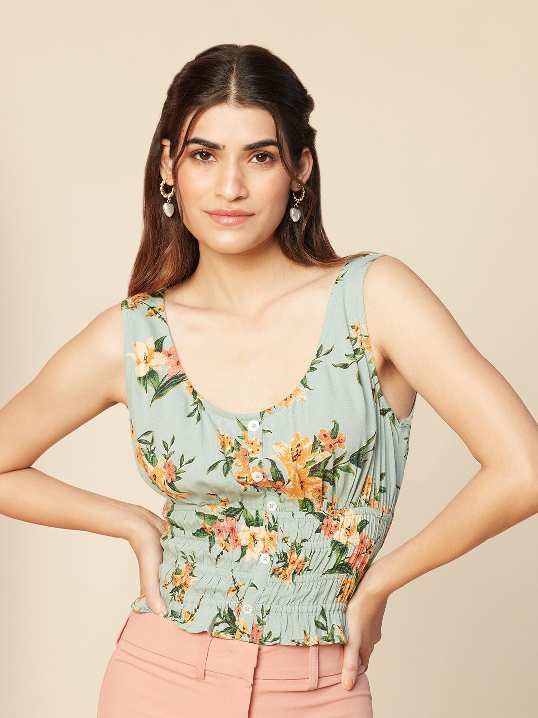 

20Dresses Scoop Neck Floral Print Top, Green