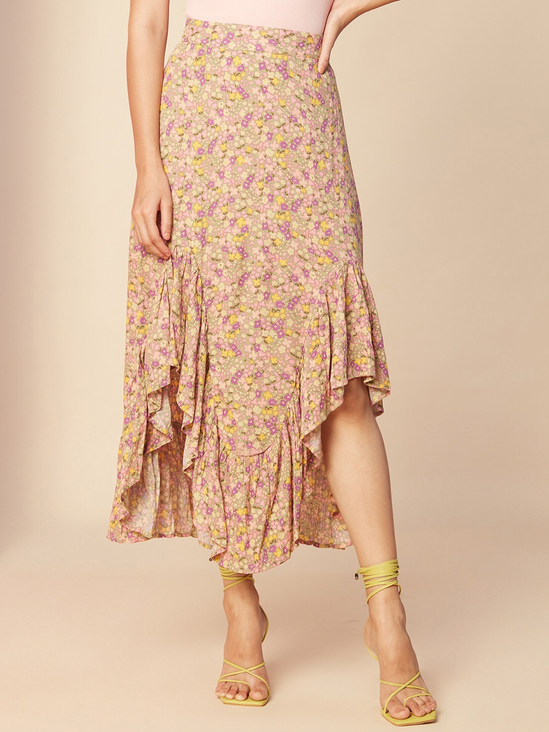 

20Dresses Floral Printed Asymmetric Slip-On Midi A-Line Skirt, Beige
