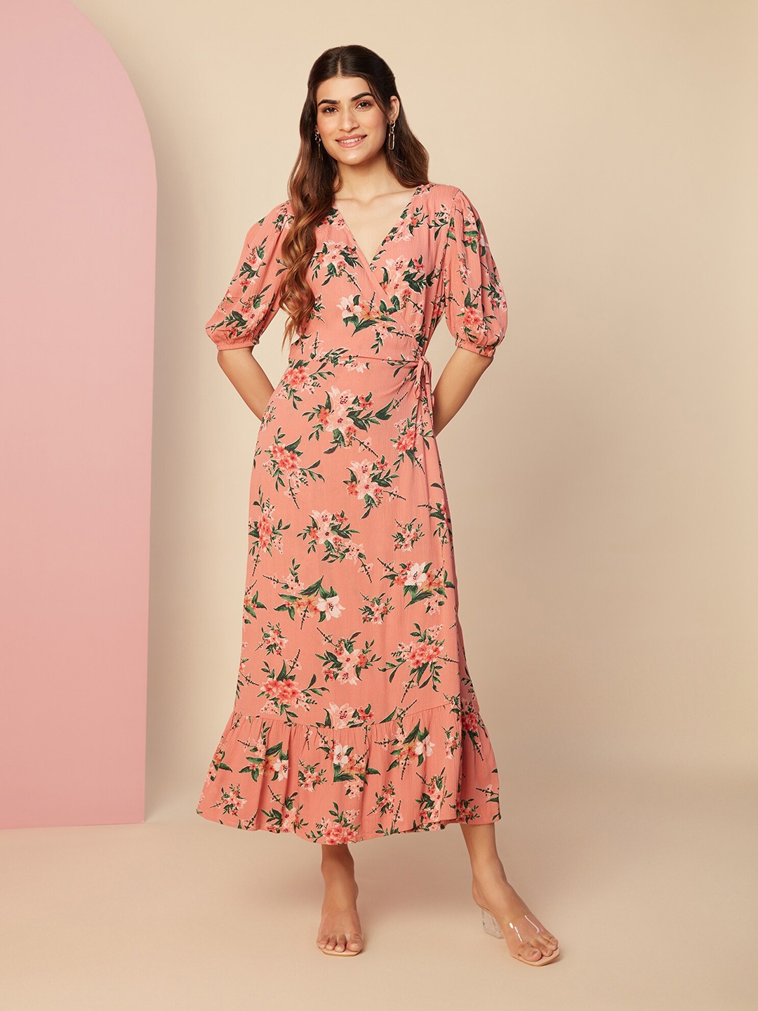 

20Dresses Floral Midi Side Slit Wrap Dress, Pink