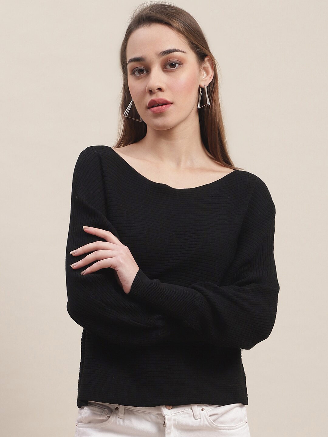 

NoBarr Round Neck Ribbed Pullover, Black