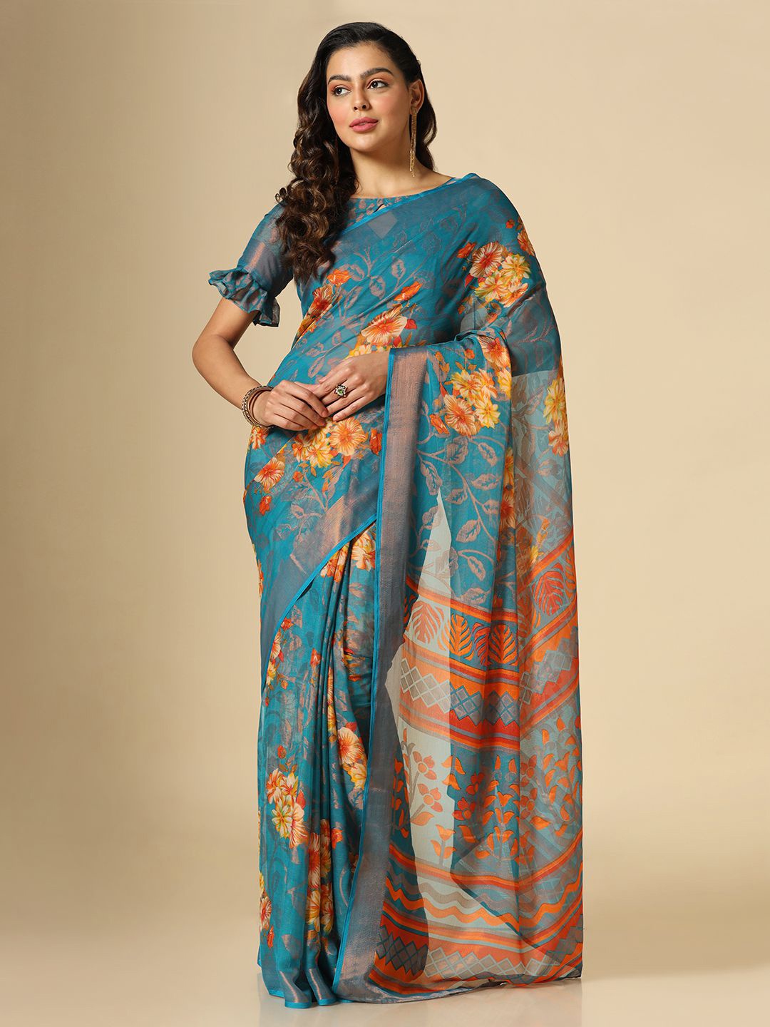

Satrani Floral Printed Zari Brasso Saree, Blue