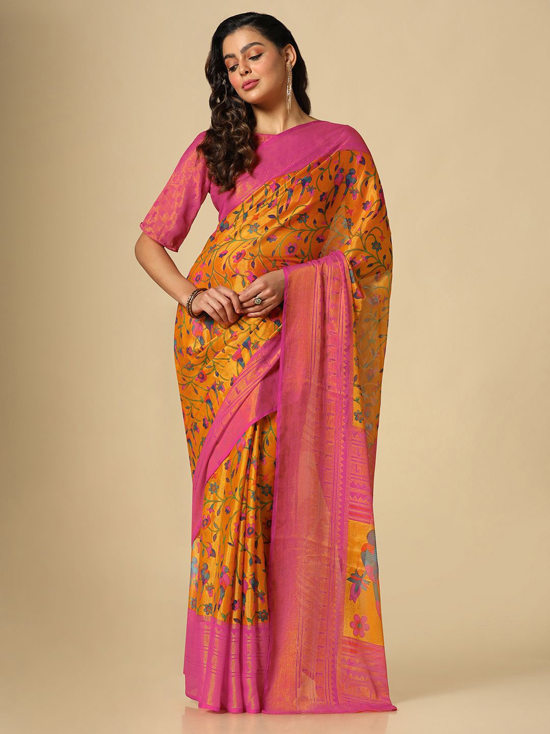 

Satrani Floral Woven Design Brasso Saree, Yellow
